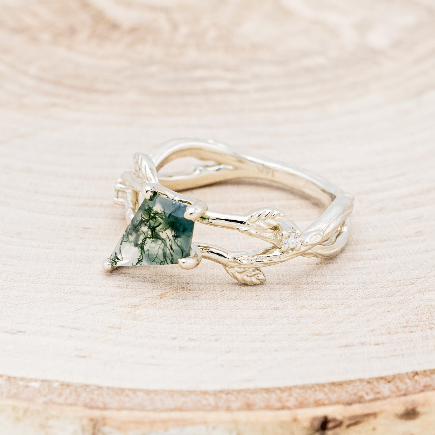 "ARTEMIS ON THE VINE" - DIAGONAL KITE CUT MOSS AGATE ENGAGEMENT RING WITH DIAMOND ACCENTS & A BRANCH-STYLE BAND-9