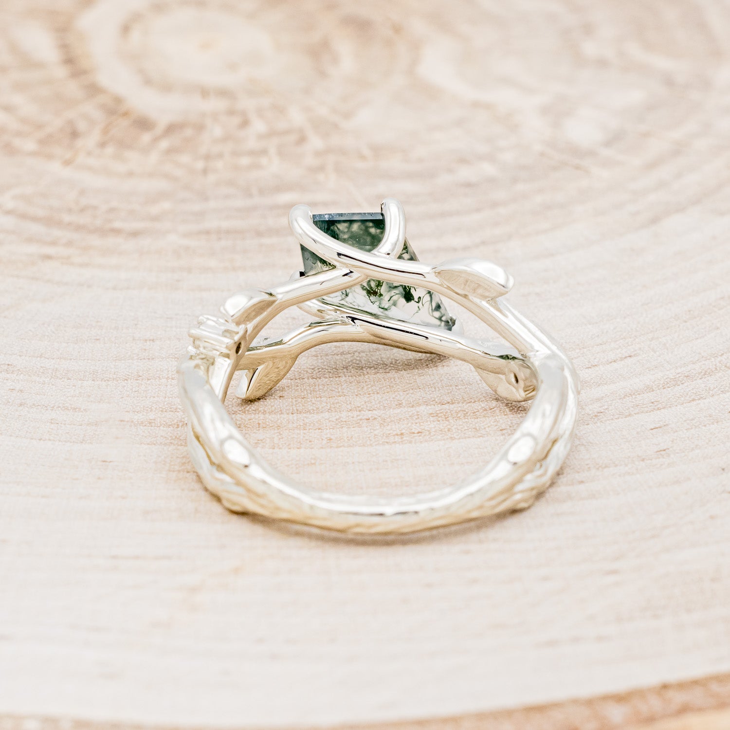 "ARTEMIS ON THE VINE" - DIAGONAL KITE CUT MOSS AGATE ENGAGEMENT RING WITH DIAMOND ACCENTS & A BRANCH-STYLE BAND-12
