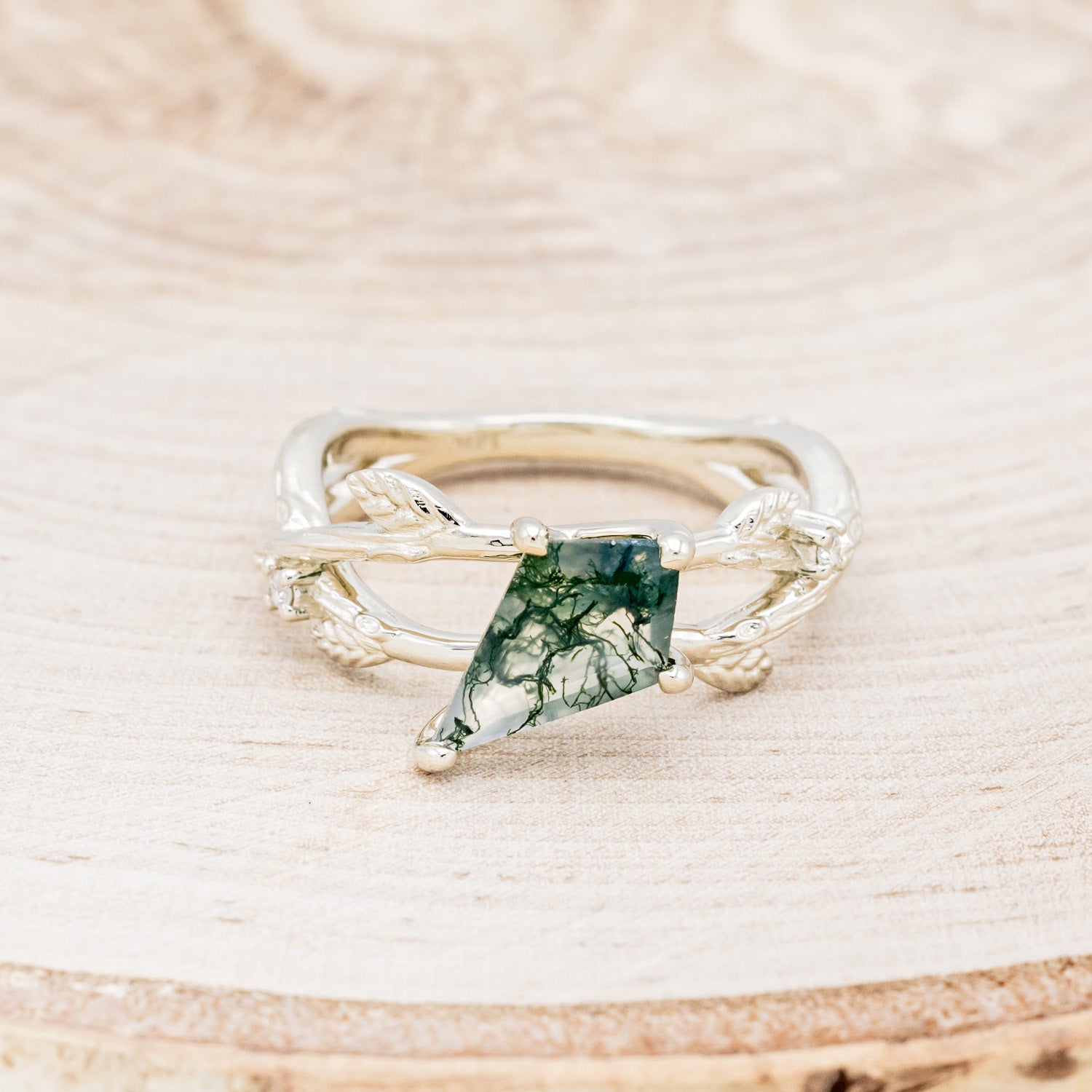 "ARTEMIS ON THE VINE" - DIAGONAL KITE CUT MOSS AGATE ENGAGEMENT RING WITH DIAMOND ACCENTS & A BRANCH-STYLE BAND-10