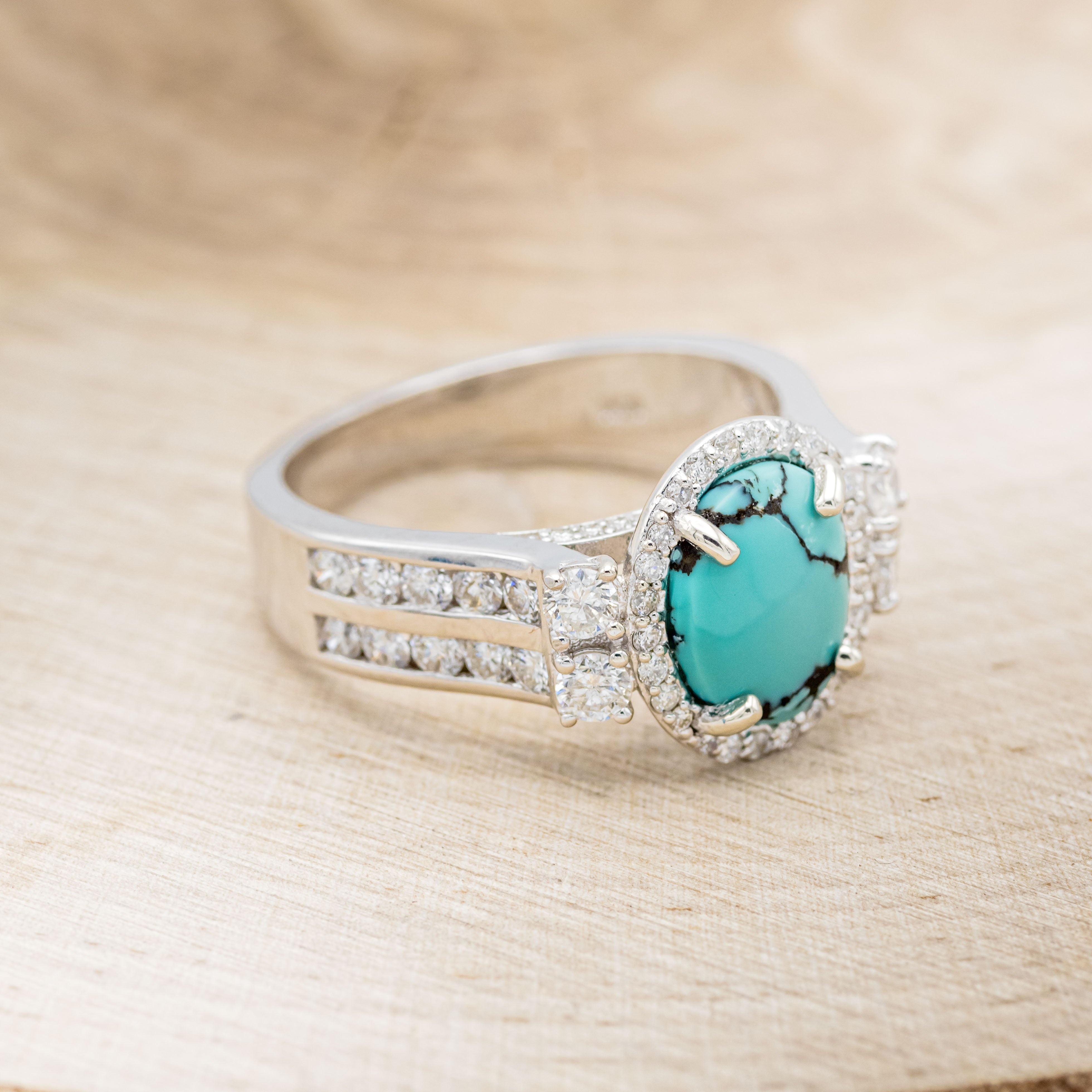 "FANCY" - OVAL TURQUOISE ENGAGEMENT RING WITH DIAMOND HALO & ACCENTS-9