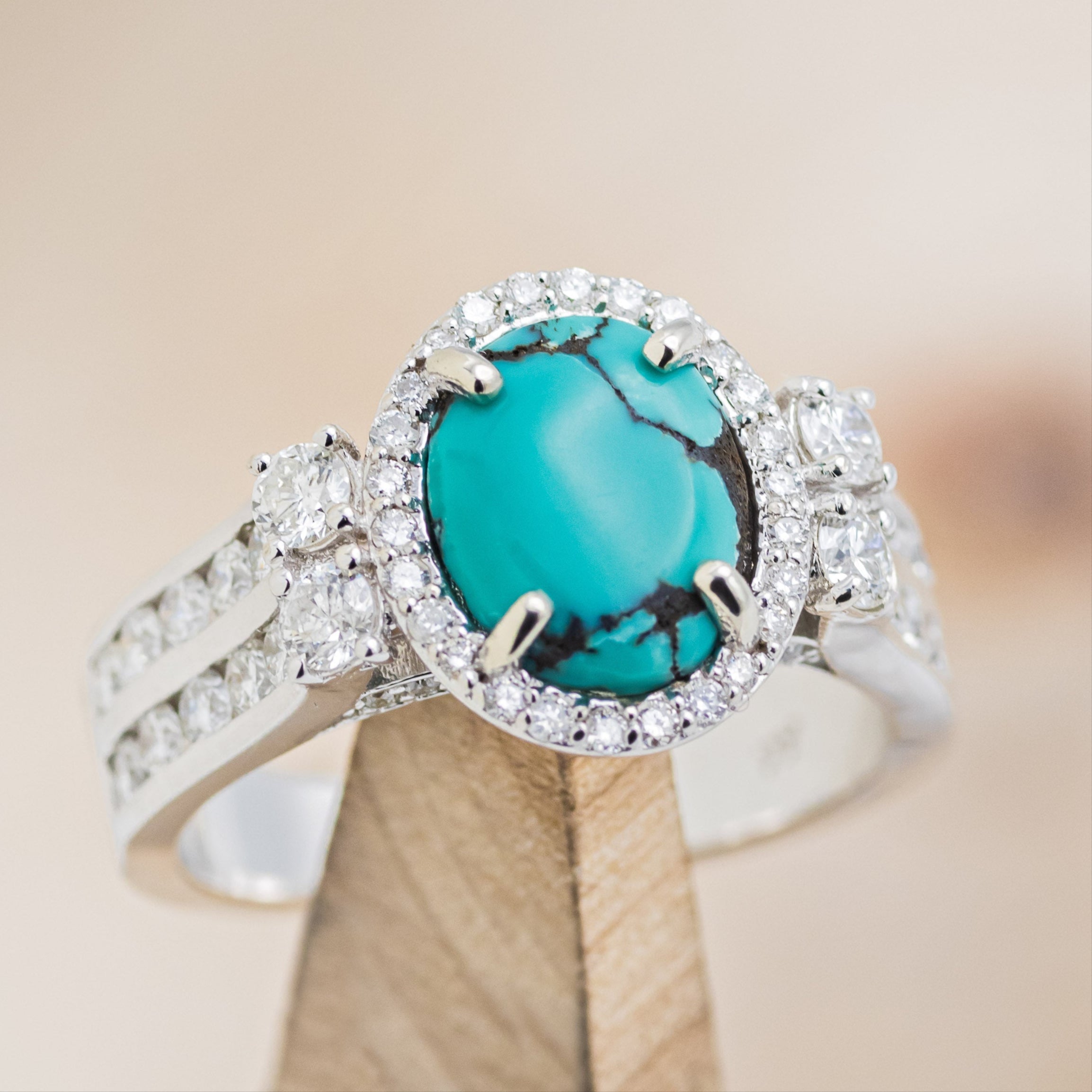 "FANCY" - OVAL TURQUOISE ENGAGEMENT RING WITH DIAMOND HALO & ACCENTS-7
