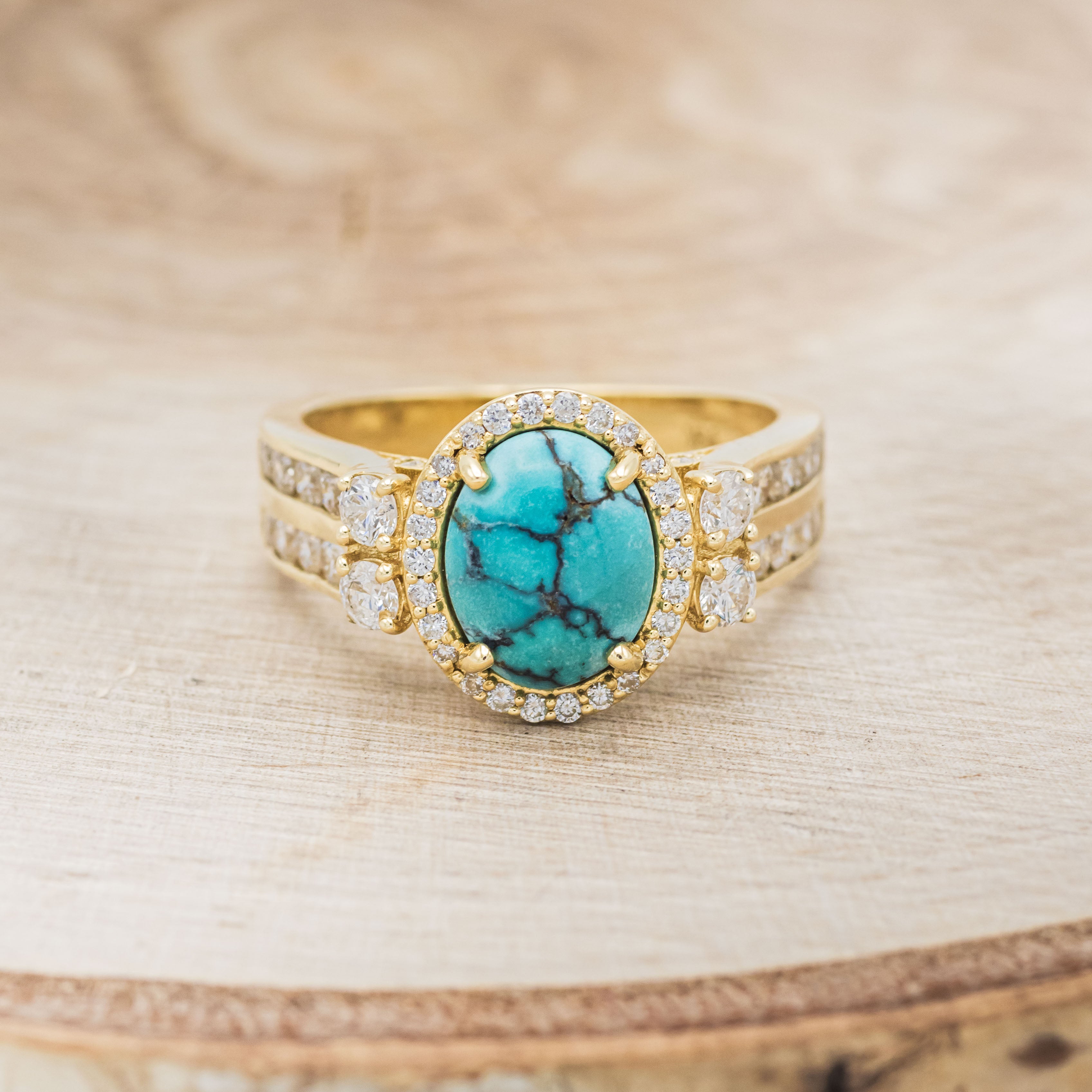 "FANCY" - OVAL TURQUOISE ENGAGEMENT RING WITH DIAMOND HALO & ACCENTS-4
