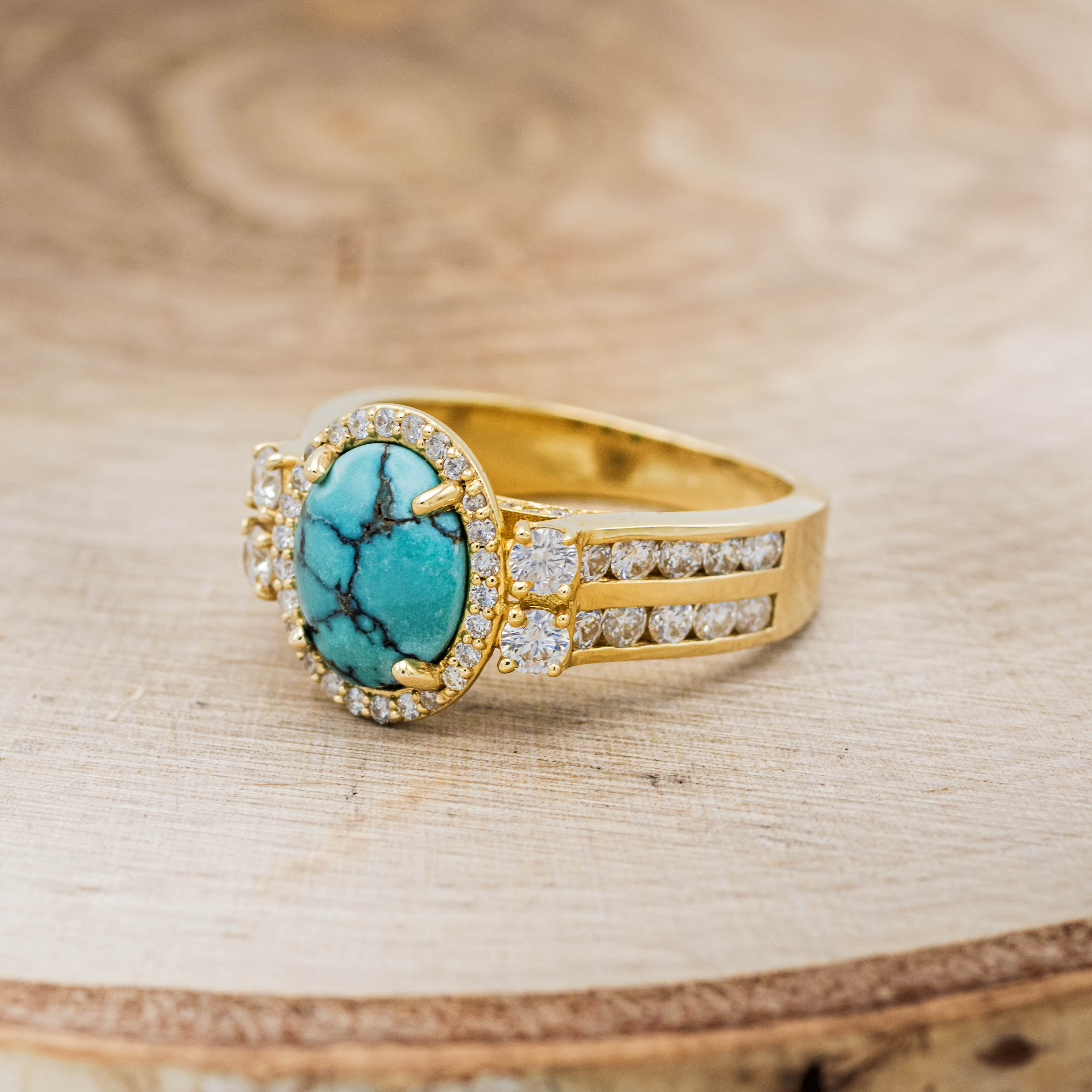 "FANCY" - OVAL TURQUOISE ENGAGEMENT RING WITH DIAMOND HALO & ACCENTS-3