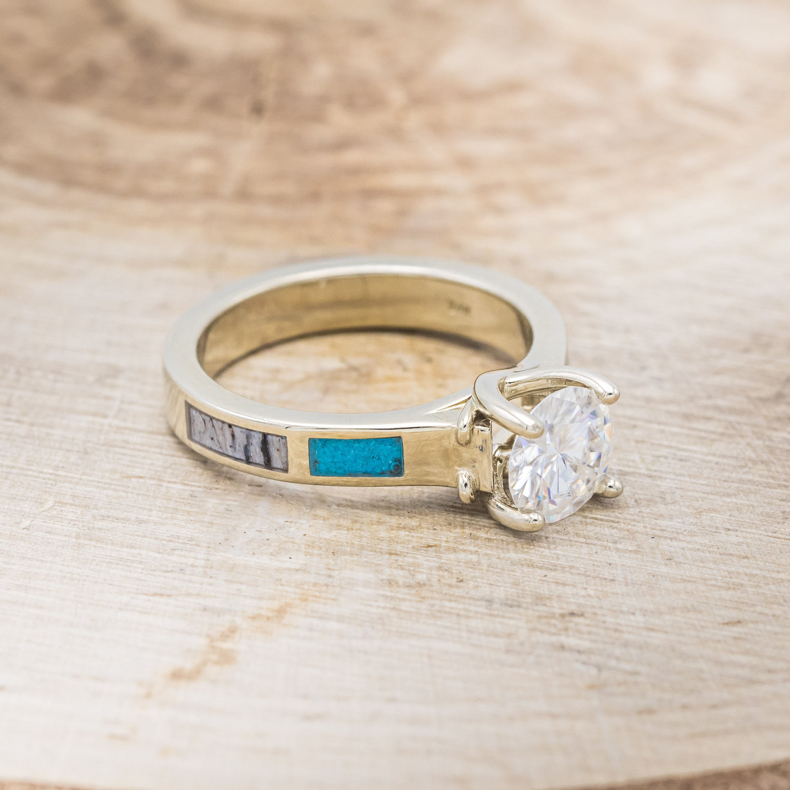 "FAWN" - ROUND CUT MOISSANITE ANTLER PRONGED ENGAGEMENT RING WITH ANTLER & TURQUOISE INLAYS-2