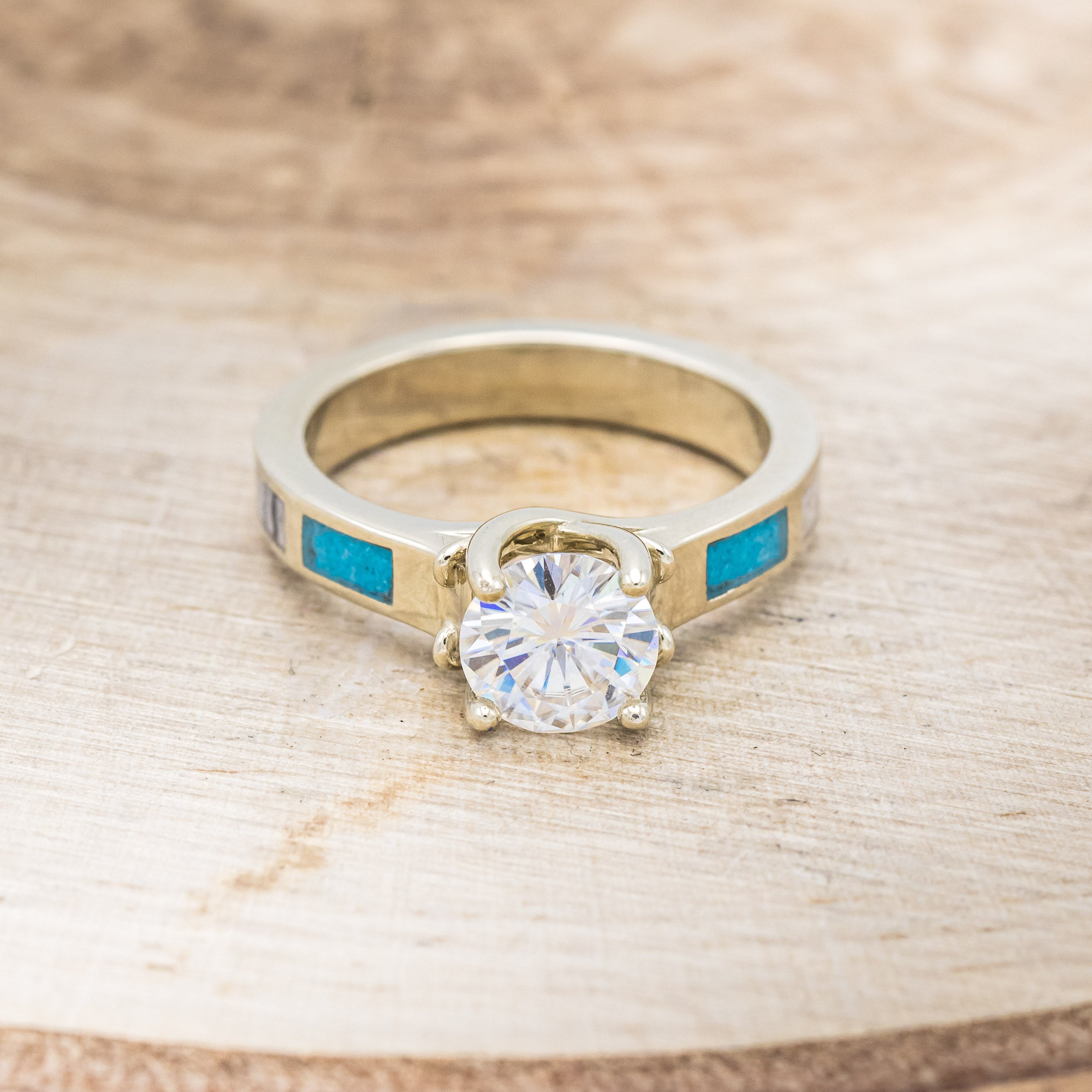 "FAWN" - ROUND CUT MOISSANITE ANTLER PRONGED ENGAGEMENT RING WITH ANTLER & TURQUOISE INLAYS-4
