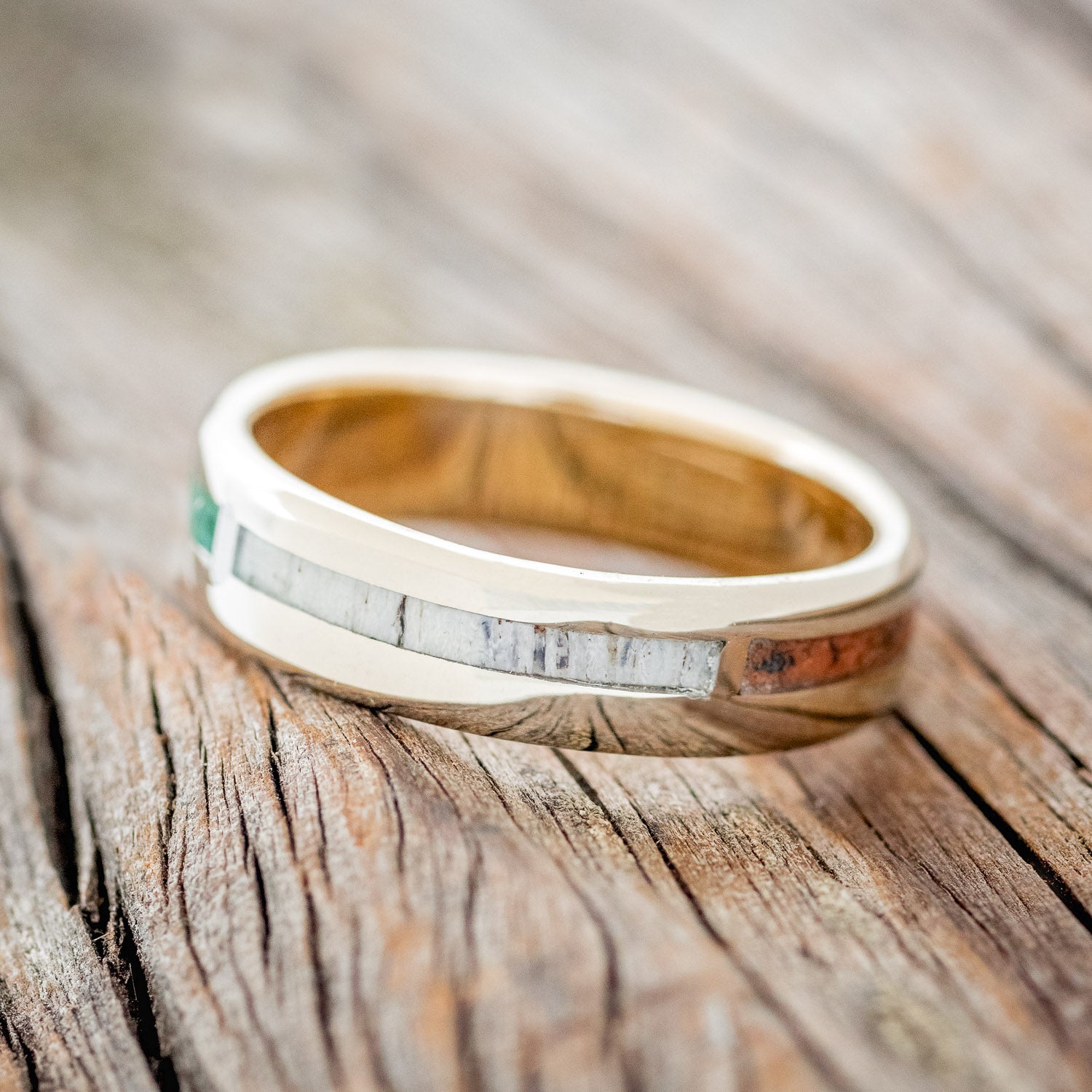 "FOUR CORNERS" - ANTLER, MALACHITE, WHISKEY BARREL OAK & PATINA COPPER WEDDING BAND-6