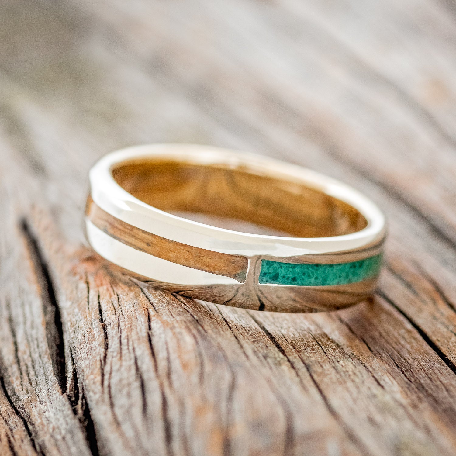 "FOUR CORNERS" - ANTLER, MALACHITE, WHISKEY BARREL OAK & PATINA COPPER WEDDING BAND-4