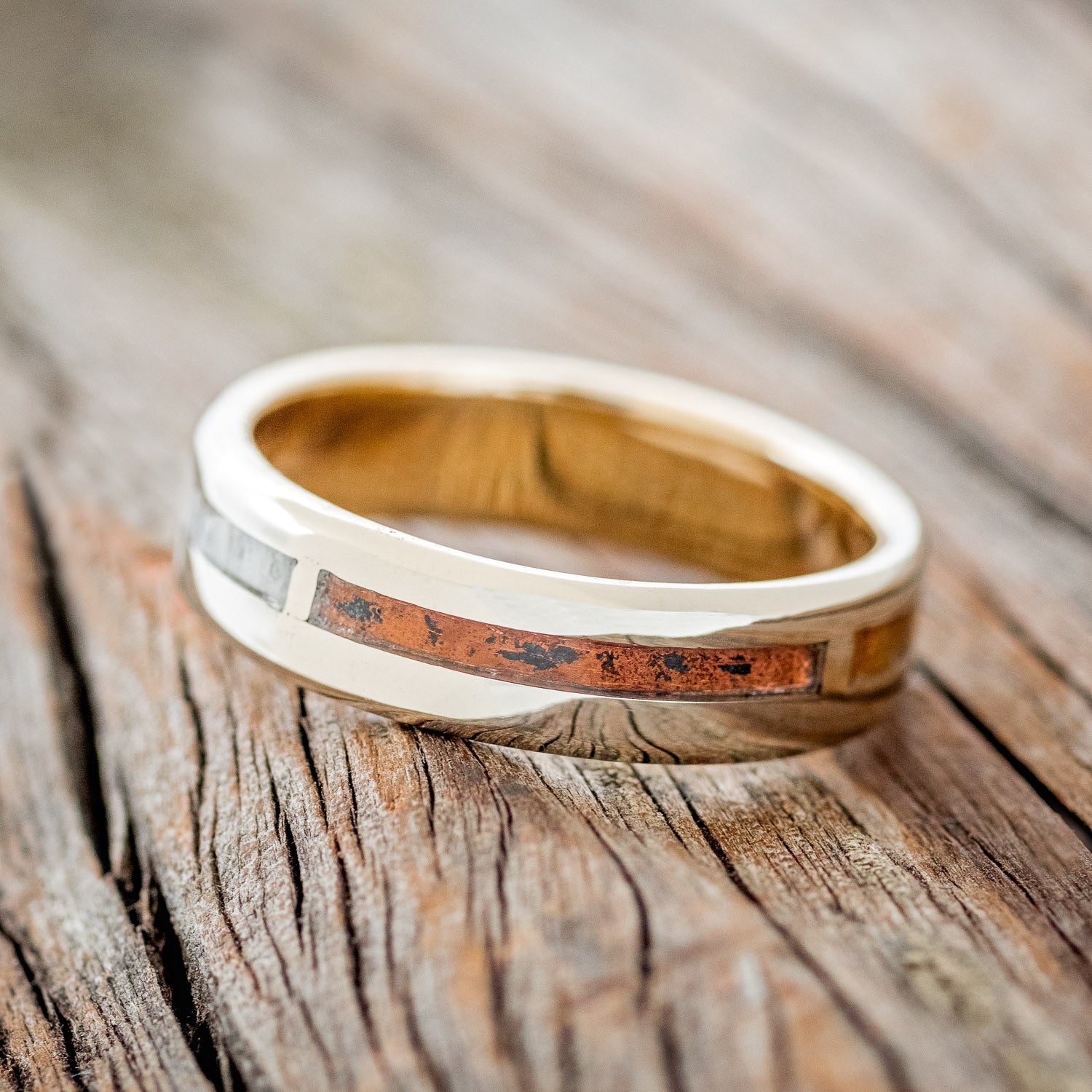 "FOUR CORNERS" - ANTLER, MALACHITE, WHISKEY BARREL OAK & PATINA COPPER WEDDING BAND-7