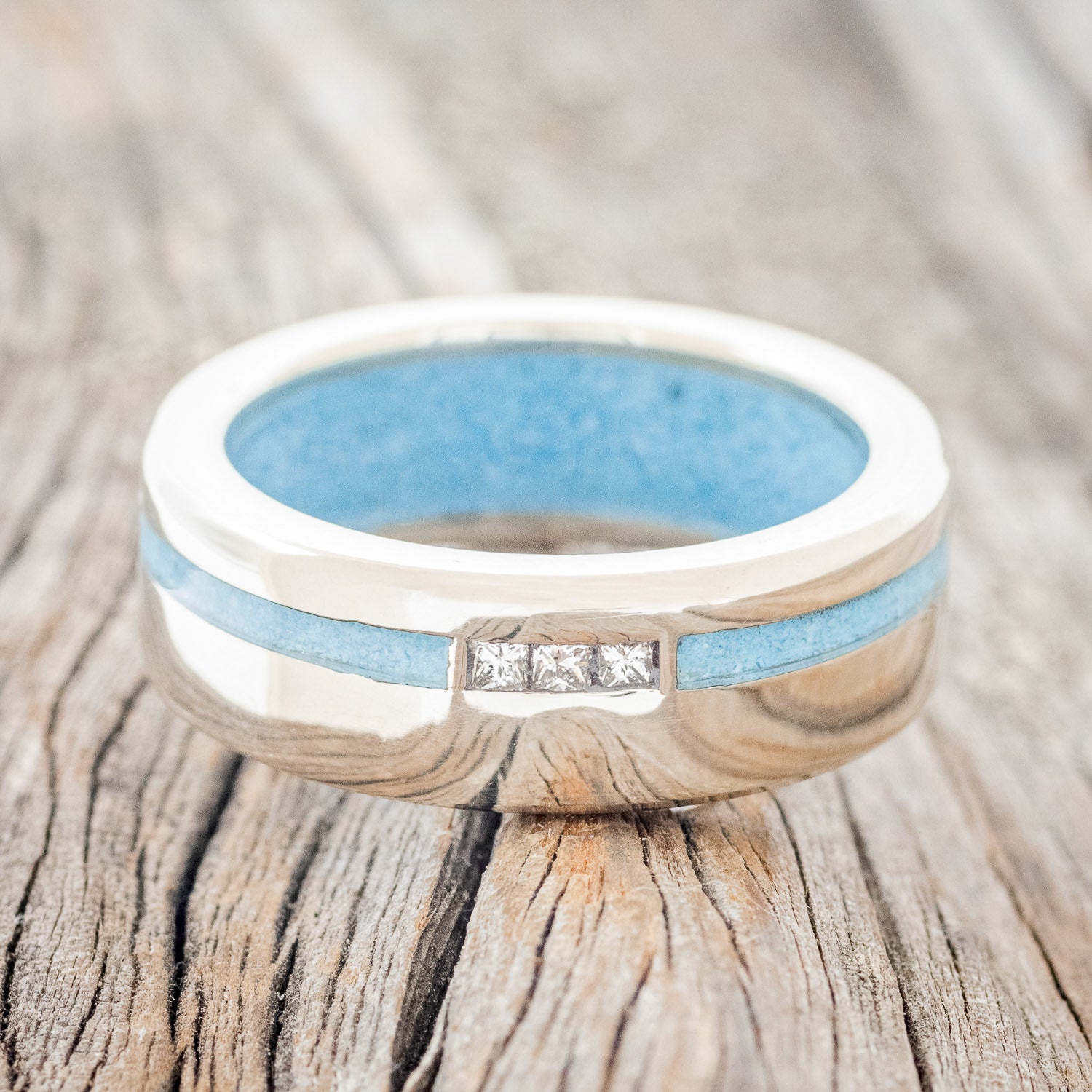"JULIAN" - DIAMONDS WITH TURQUOISE INLAY & LINING WEDDING BAND-5