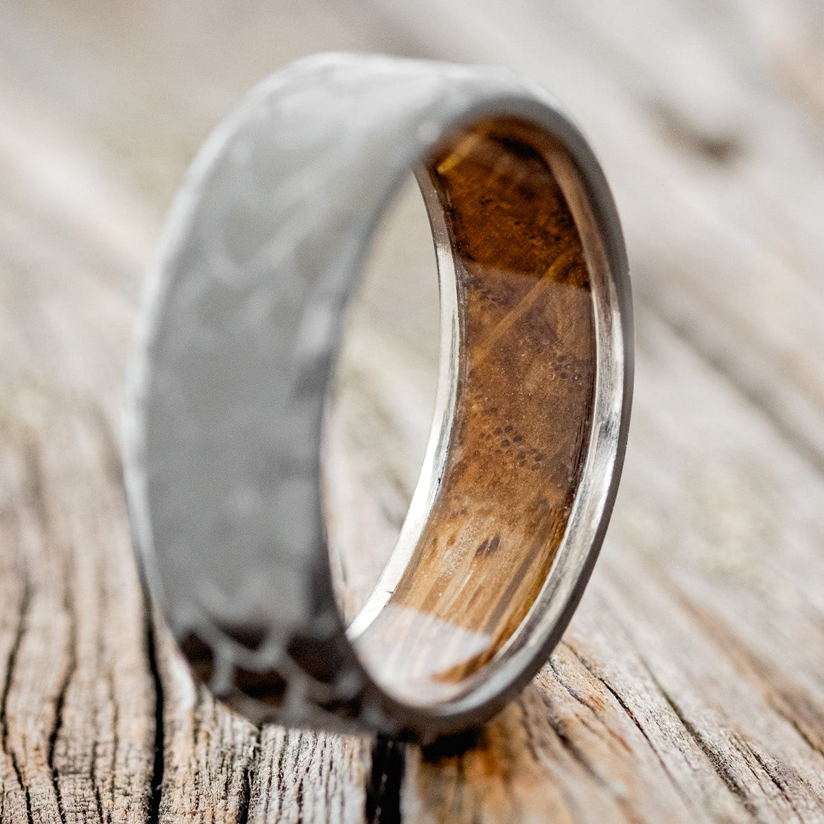 "ECHO" - DRAGON SCALE WEDDING RING FEATURING A WHISKEY BARREL OAK LINING-2