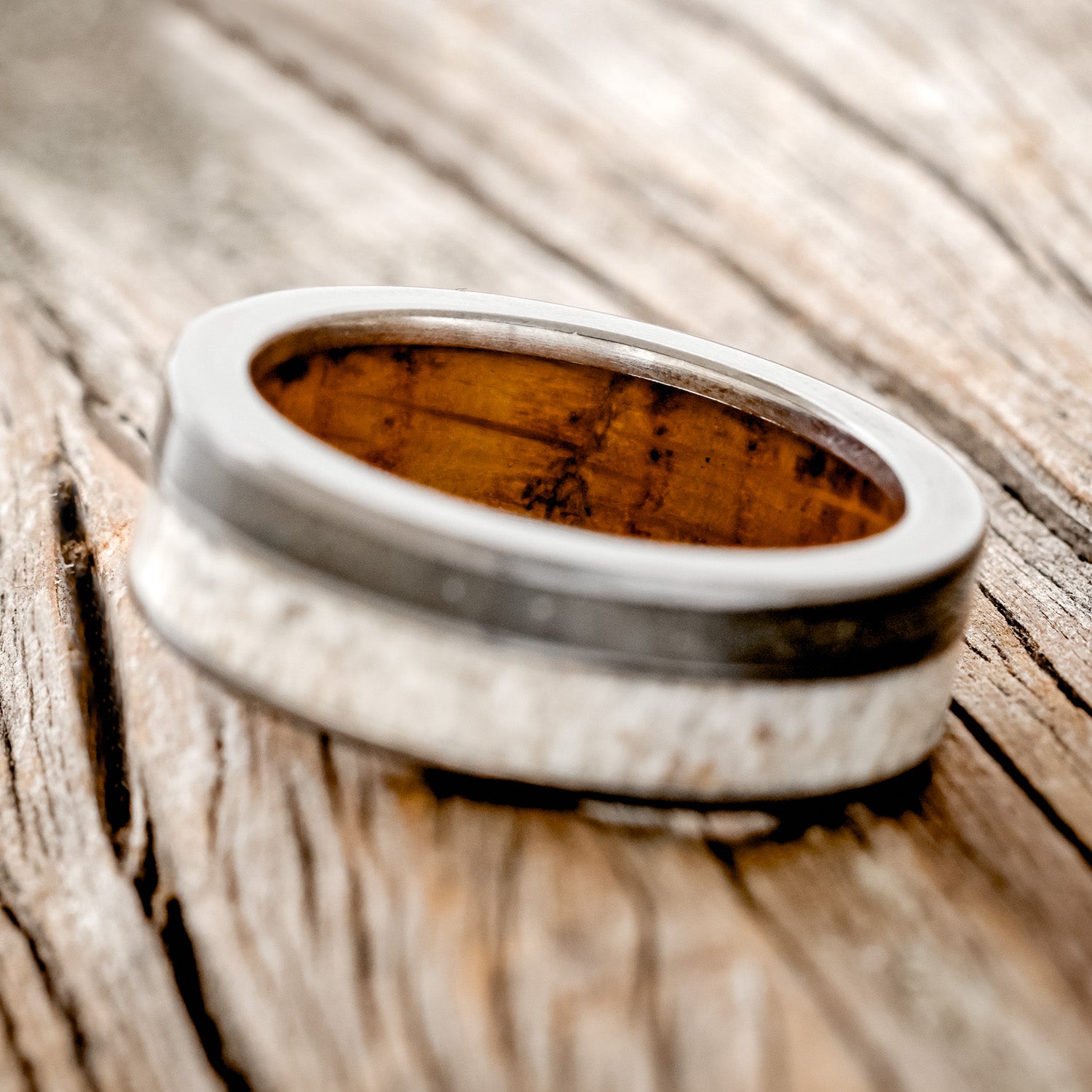 "RAPTOR" - ELK ANTLER & PYRITE WEDDING BAND WITH A WHISKEY BARREL OAK LINING-10
