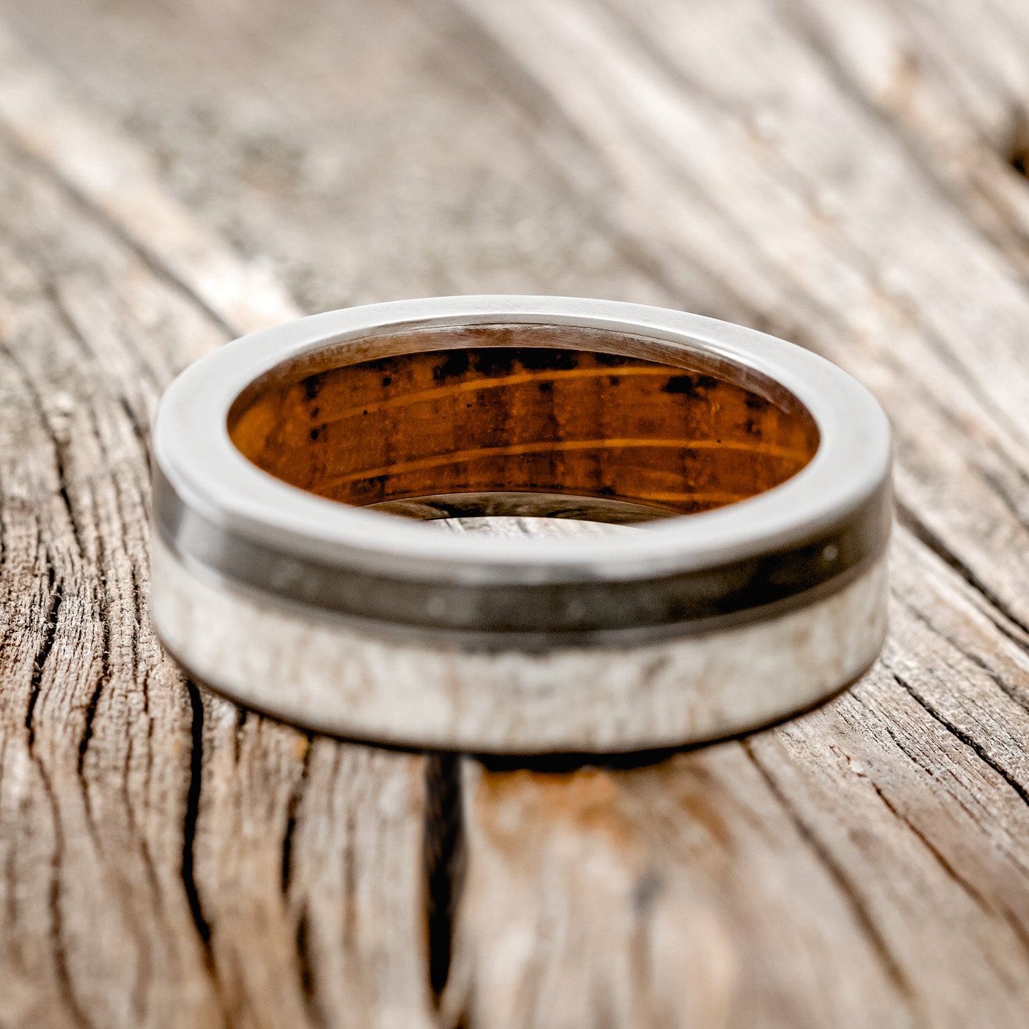 "RAPTOR" - ELK ANTLER & PYRITE WEDDING BAND WITH A WHISKEY BARREL OAK LINING-12