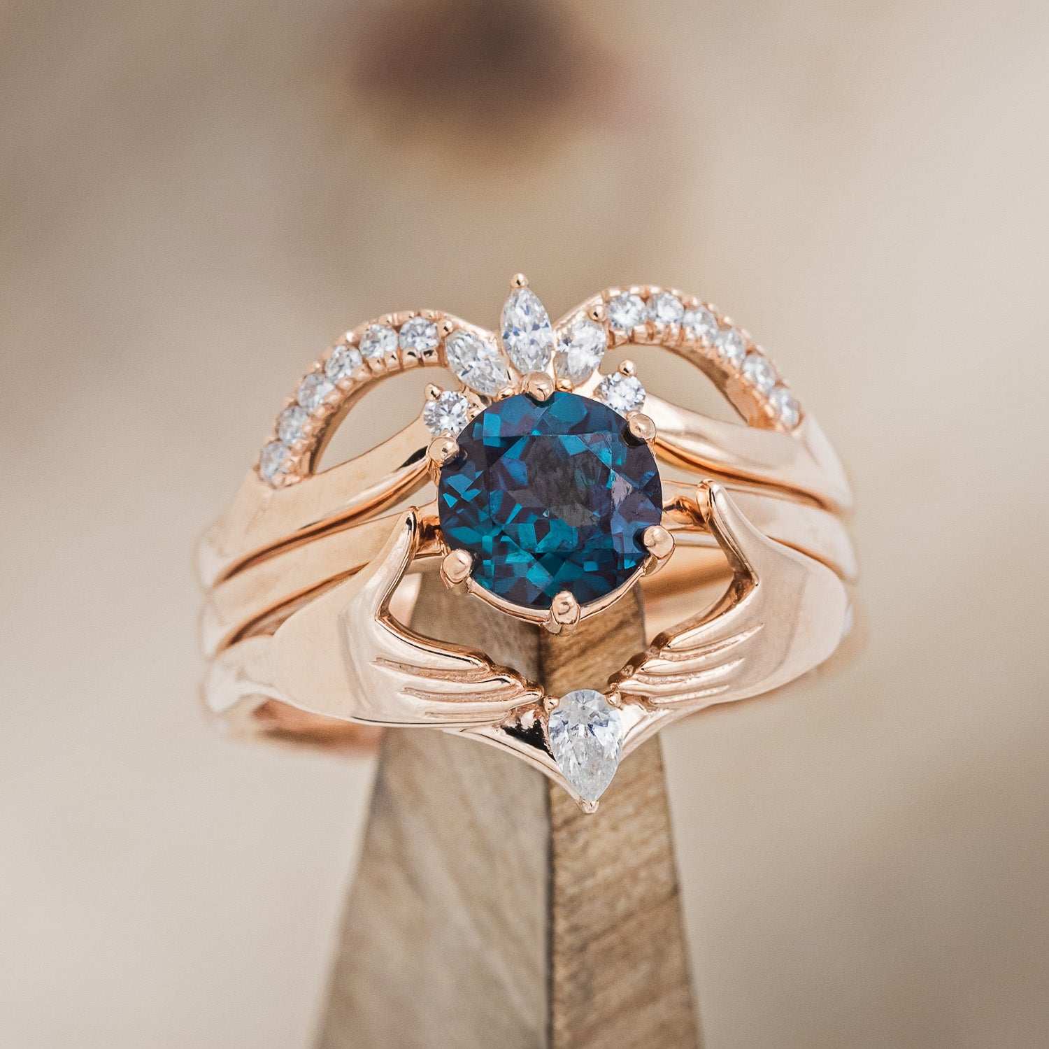 CLADDAGH BRIDAL SUITE - ROUND CUT LAB-GROWN ALEXANDRITE SOLITAIRE ENGAGEMENT RING WITH DIAMOND ACCENT TRACER & CLADDAGH TRACER-25