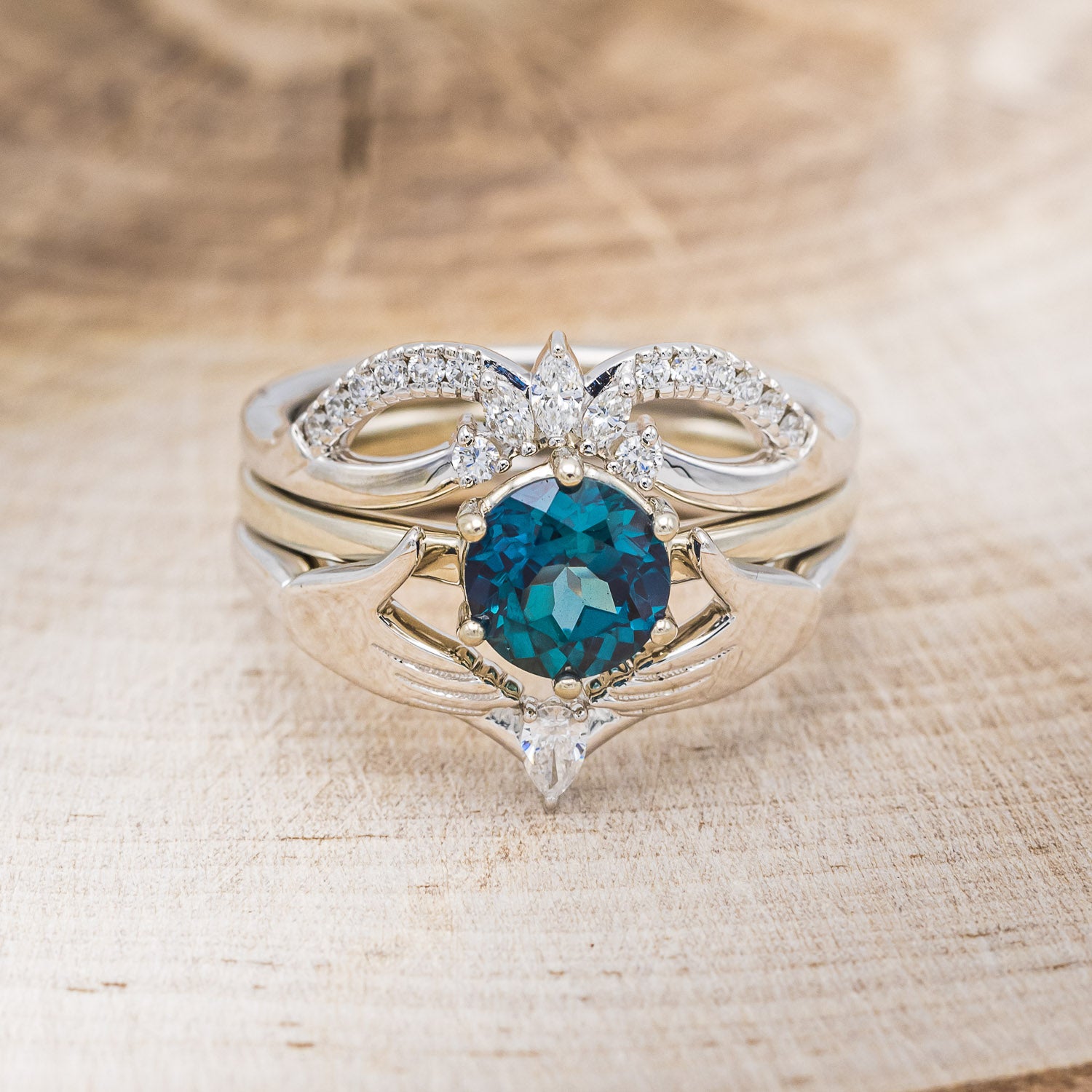 CLADDAGH BRIDAL SUITE - ROUND CUT LAB-GROWN ALEXANDRITE SOLITAIRE ENGAGEMENT RING WITH DIAMOND ACCENT TRACER & CLADDAGH TRACER-4