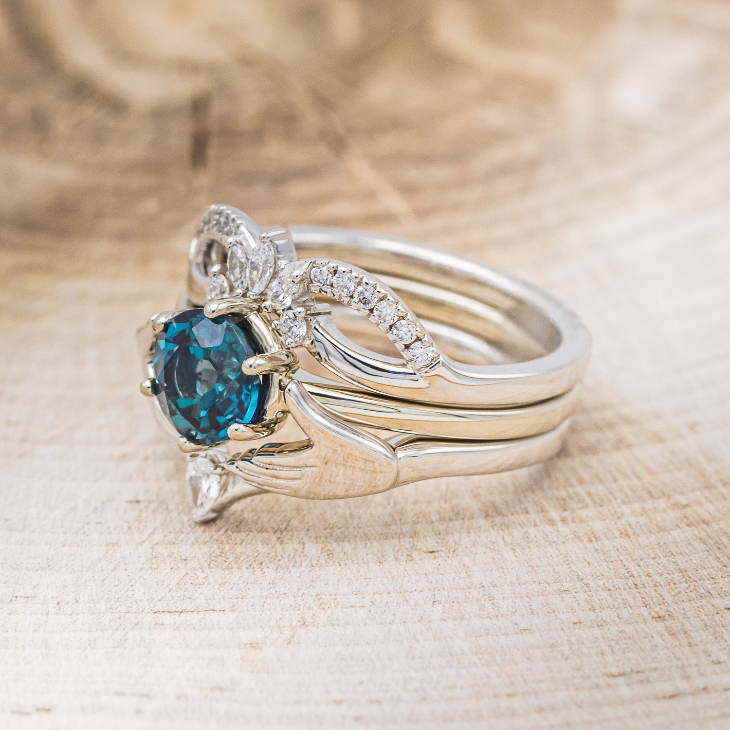 CLADDAGH BRIDAL SUITE - ROUND CUT LAB-GROWN ALEXANDRITE SOLITAIRE ENGAGEMENT RING WITH DIAMOND ACCENT TRACER & CLADDAGH TRACER-3