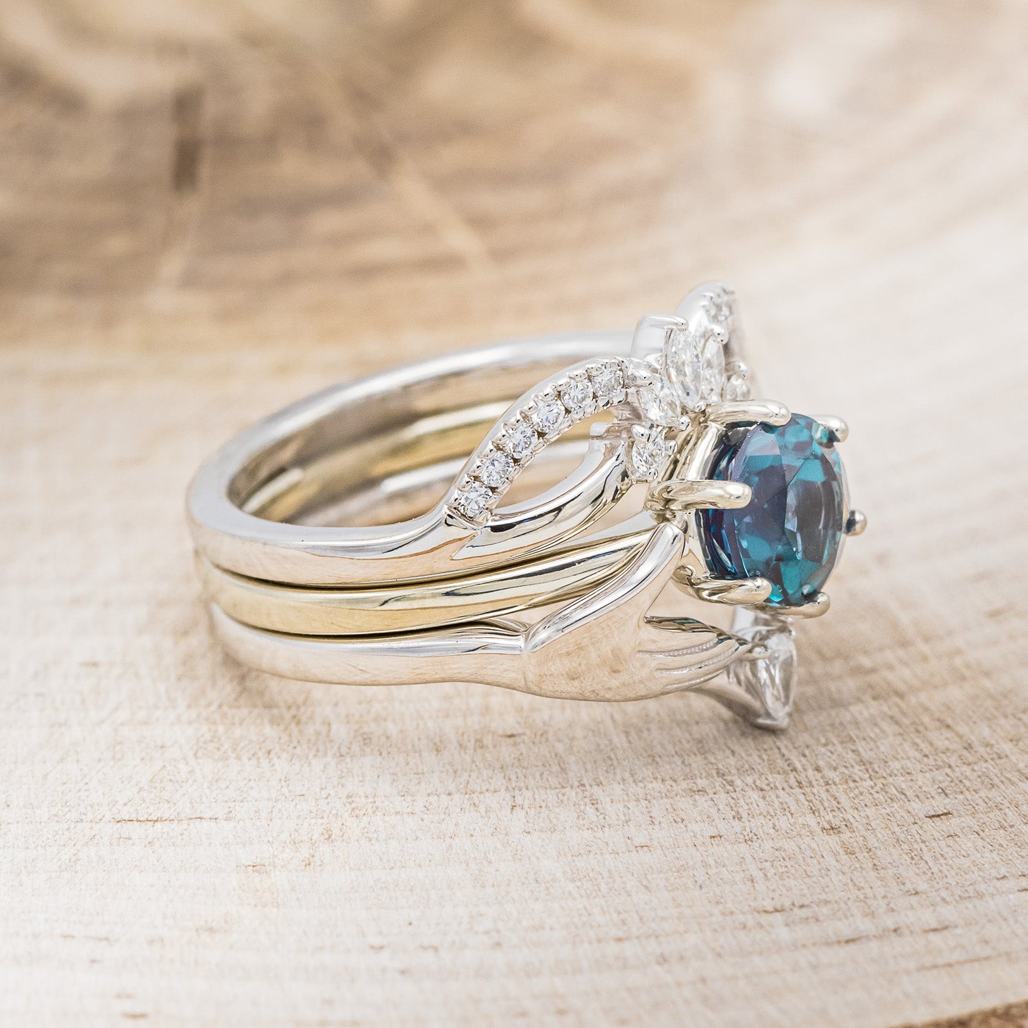 CLADDAGH BRIDAL SUITE - ROUND CUT LAB-GROWN ALEXANDRITE SOLITAIRE ENGAGEMENT RING WITH DIAMOND ACCENT TRACER & CLADDAGH TRACER-2