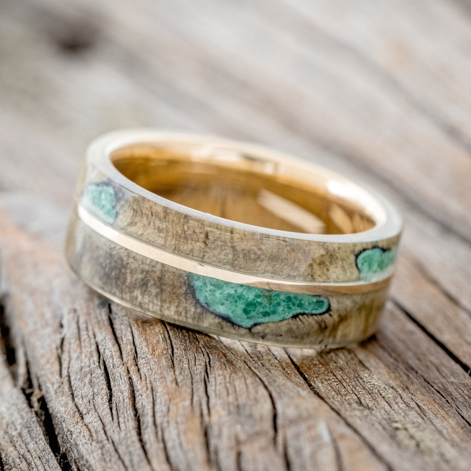 "GOLDEN" - BUCKEYE BURL WOOD & MALACHITE WEDDING RING FEATURING A 14K GOLD BAND-2