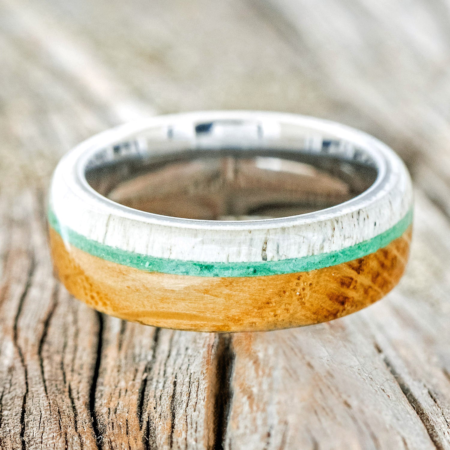 "ARGOS" - WHISKEY BARREL OAK, ANTLER & MALACHITE WEDDING BAND-3