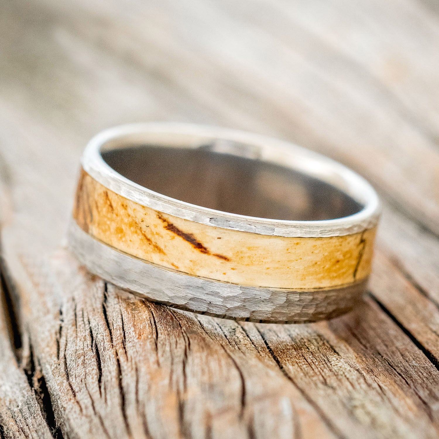 "TANNER" - SPALTED MAPLE WOOD WEDDING BAND WITH HAMMERED FINISH-2