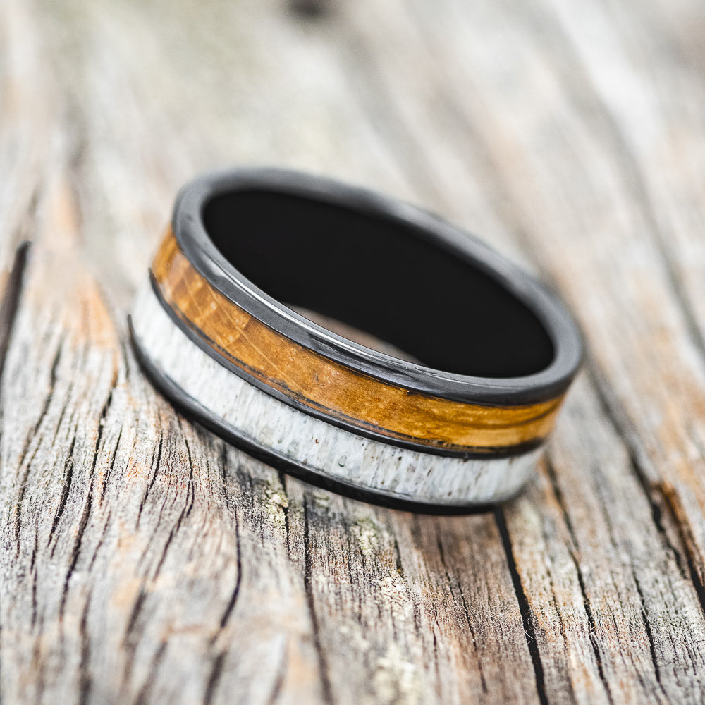 "DYAD" - WHISKEY BARREL OAK & ANTLER WEDDING BAND-11