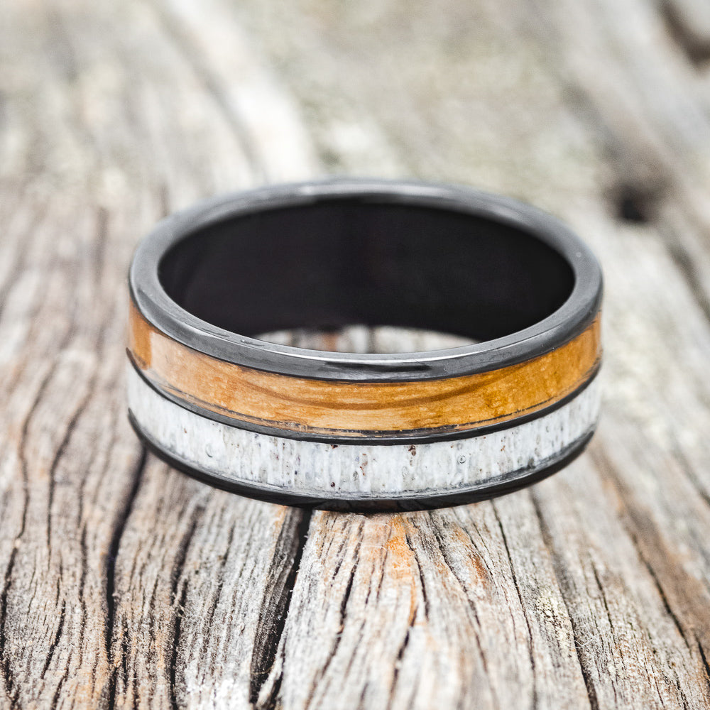 "DYAD" - WHISKEY BARREL OAK & ANTLER WEDDING BAND-13