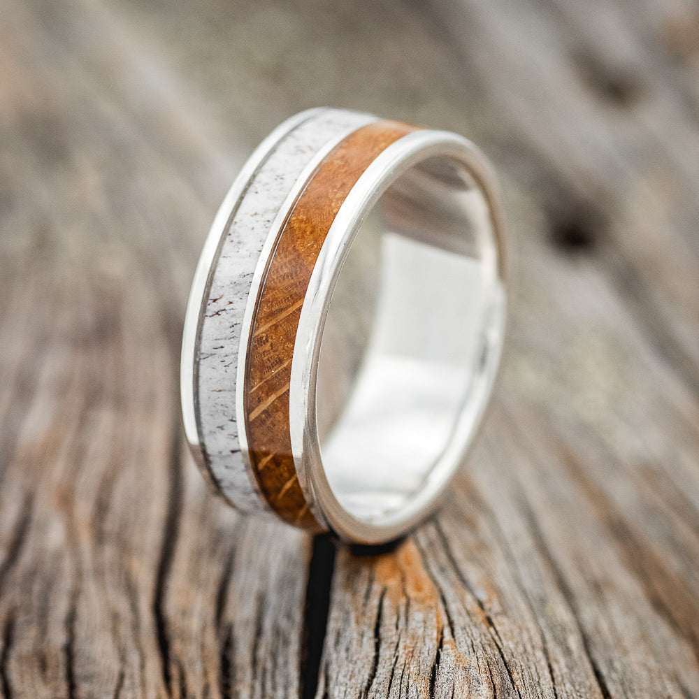"DYAD" - WHISKEY BARREL OAK & ANTLER WEDDING BAND-7