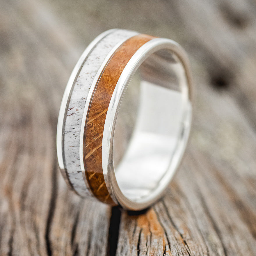 "DYAD" - WHISKEY BARREL OAK & ANTLER WEDDING BAND-7