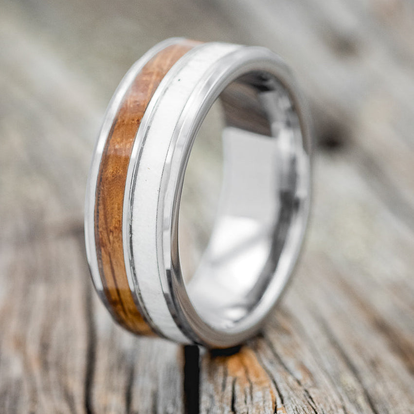 "DYAD" - WHISKEY BARREL OAK & ANTLER WEDDING BAND-4