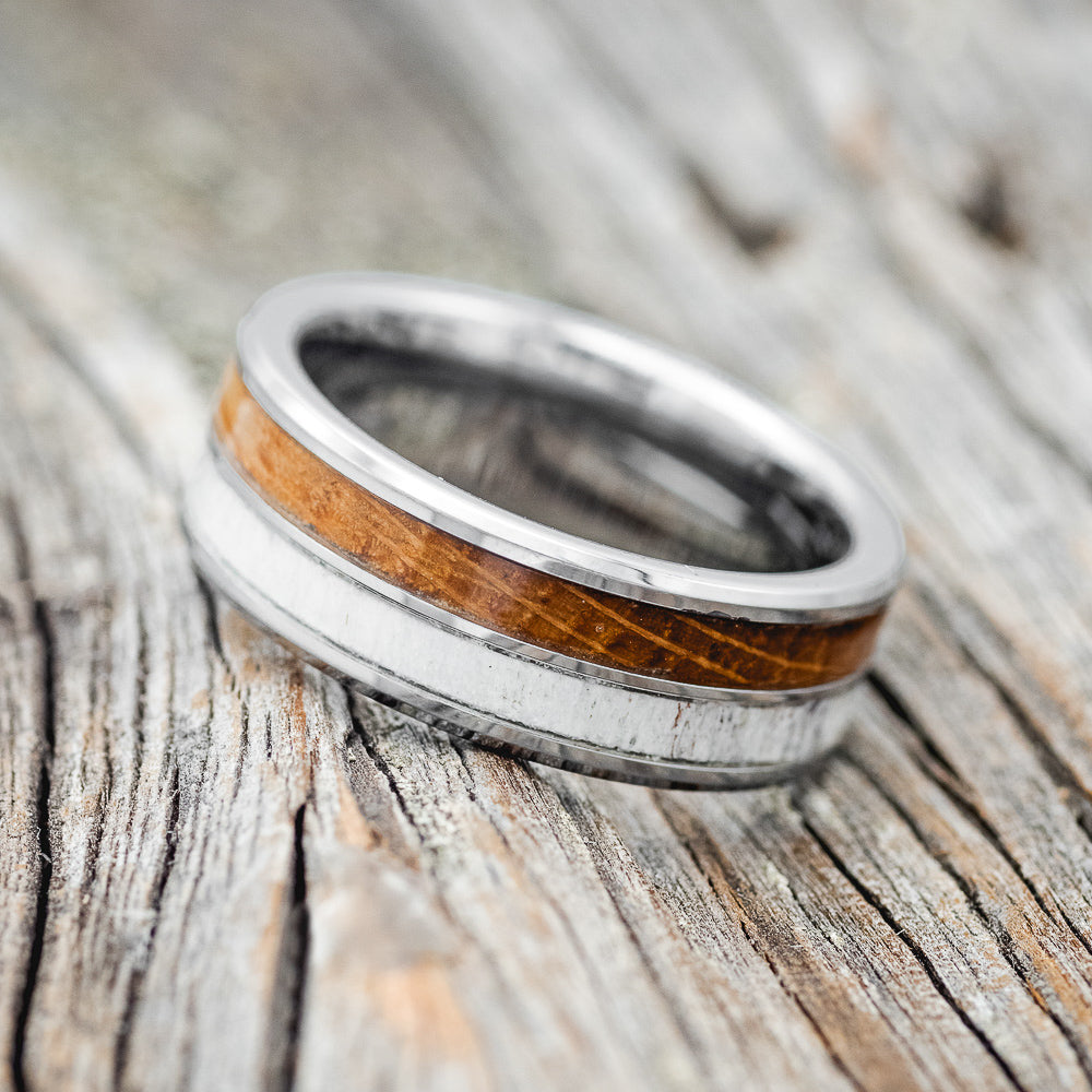"DYAD" - WHISKEY BARREL OAK & ANTLER WEDDING BAND-5