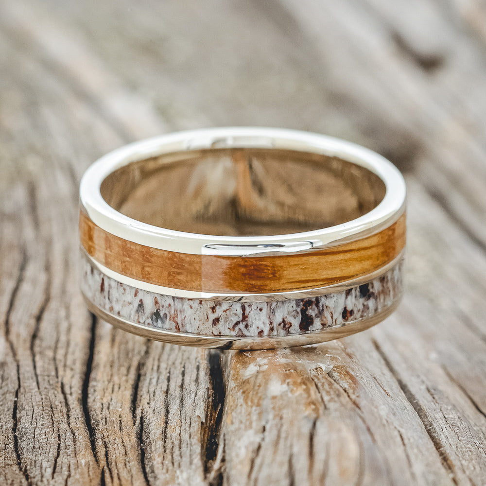 "DYAD" - WHISKEY BARREL OAK & ANTLER WEDDING BAND-16