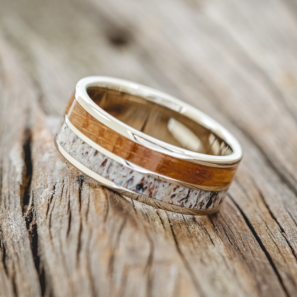 "DYAD" - WHISKEY BARREL OAK & ANTLER WEDDING BAND-15