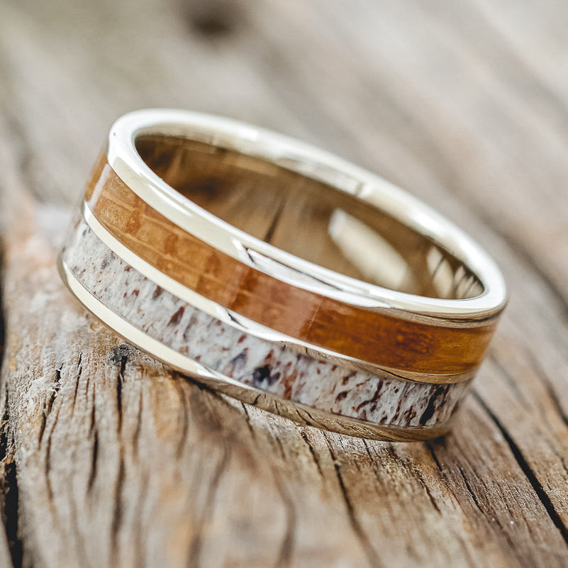 "DYAD" - WHISKEY BARREL OAK & ANTLER WEDDING BAND-15