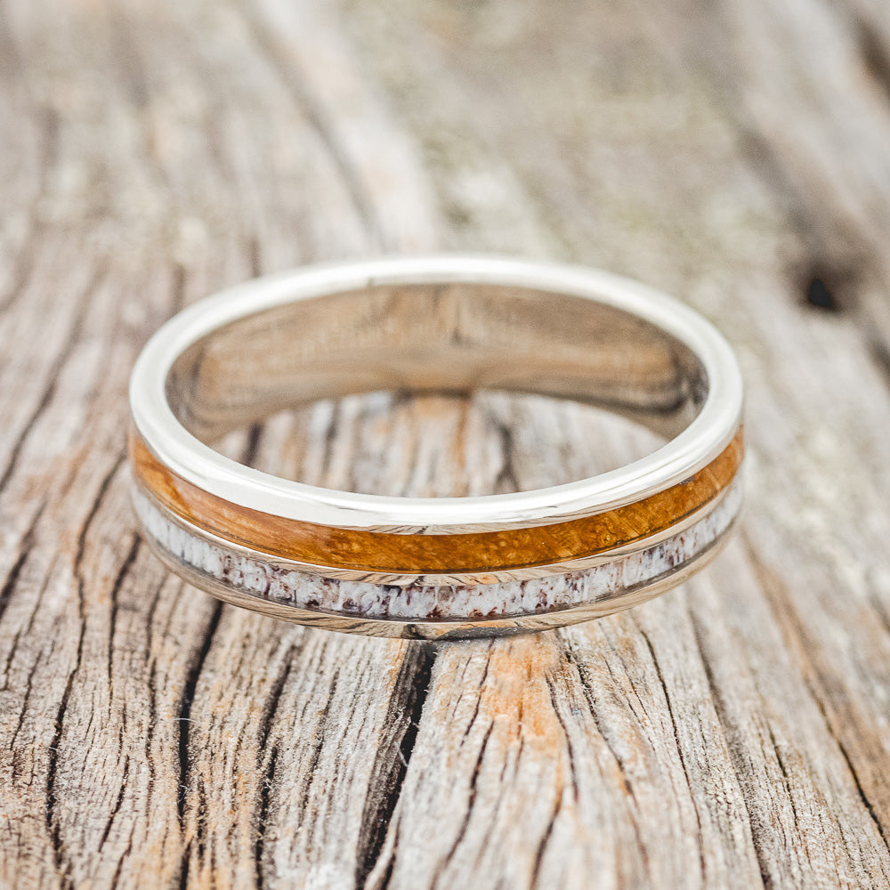 "DYAD" - WHISKEY BARREL OAK & ANTLER WEDDING RING FEATURING A 14K GOLD BAND-3