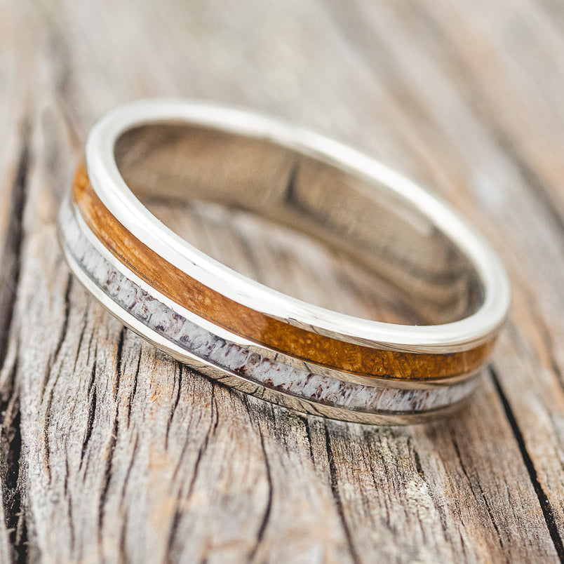 "DYAD" - WHISKEY BARREL OAK & ANTLER WEDDING RING FEATURING A 14K GOLD BAND-2