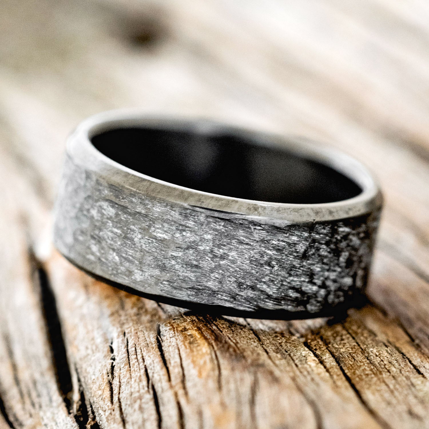 MATCHING SET OF HAMMERED BLACK ZIRCONIUM WEDDING BANDS-4