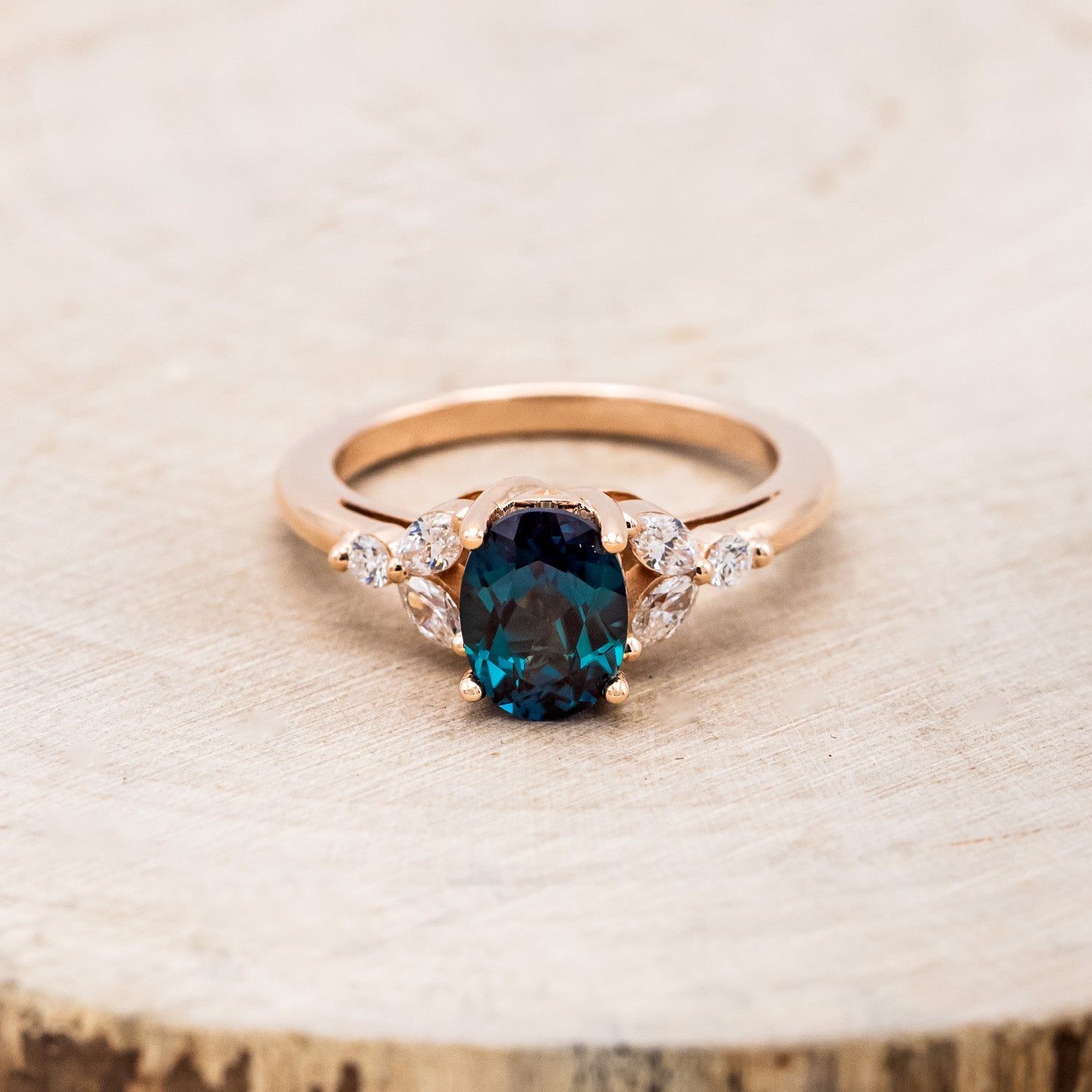 "BLOSSOM" - OVAL LAB-GROWN ALEXANDRITE ENGAGEMENT RING WITH LEAF-SHAPED DIAMOND ACCENTS-4