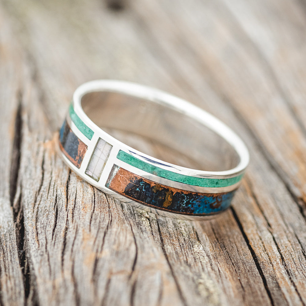 "BOWER" - PATINA COPPER, MALACHITE & MOTHER OF PEARL WEDDING BAND-2