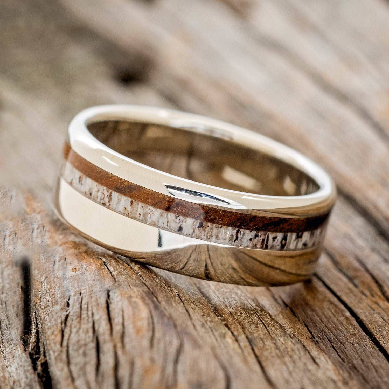 "CASTOR" - IRONWOOD & ANTLER WEDDING RING FEATURING A 14K GOLD BAND-2
