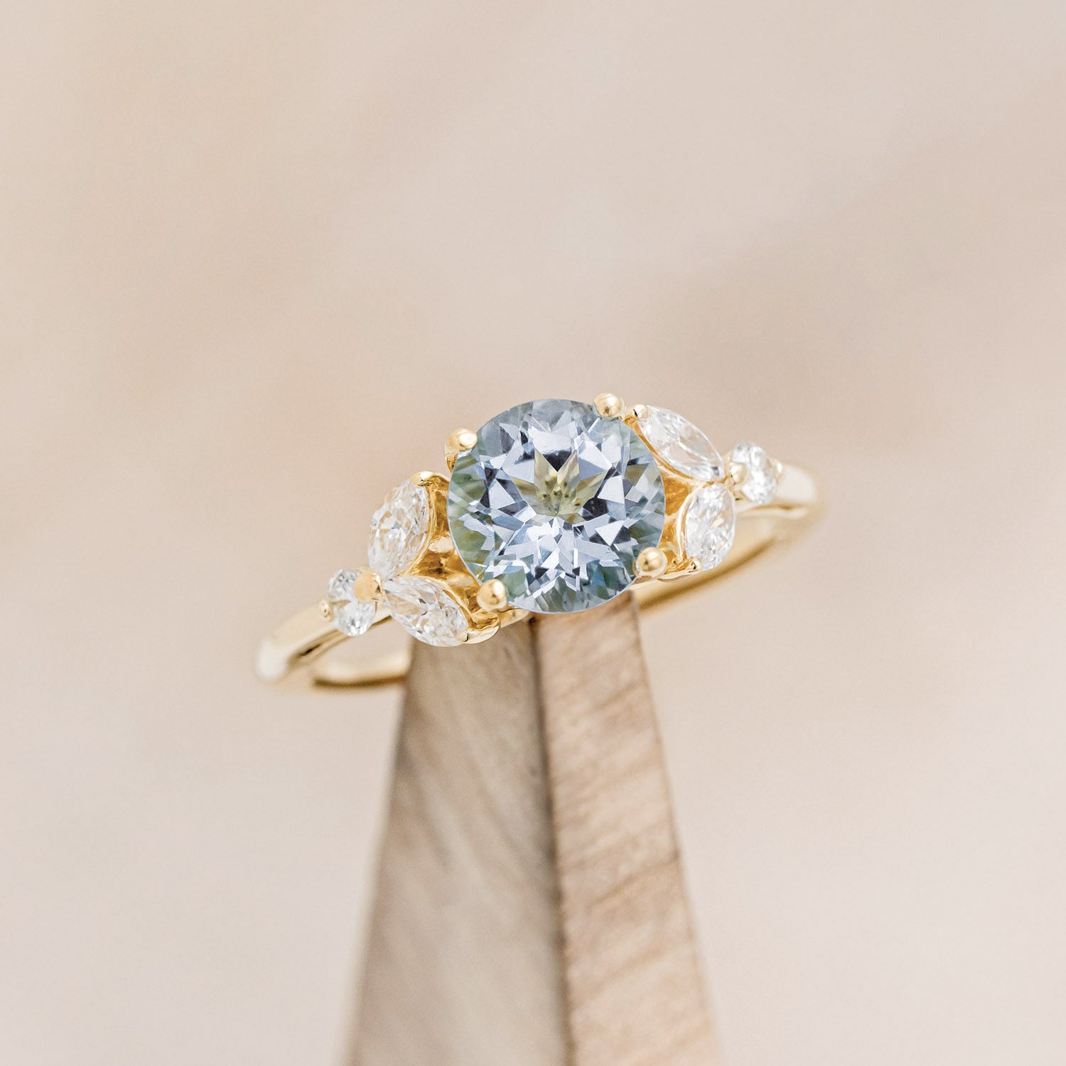 "BLOSSOM" - ROUND CUT AQUAMARINE ENGAGEMENT RING WITH LEAF-SHAPED DIAMOND ACCENTS-13