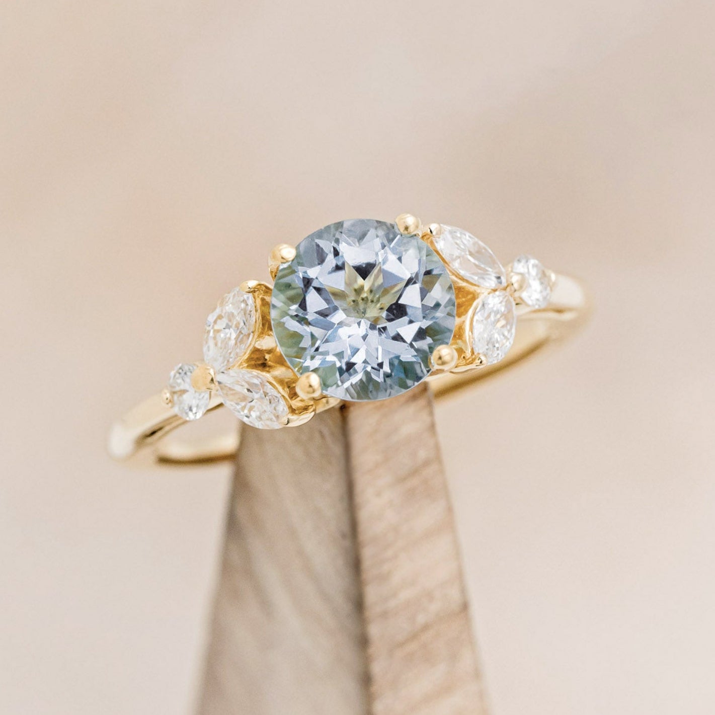 "BLOSSOM" - ROUND CUT AQUAMARINE ENGAGEMENT RING WITH LEAF-SHAPED DIAMOND ACCENTS-13