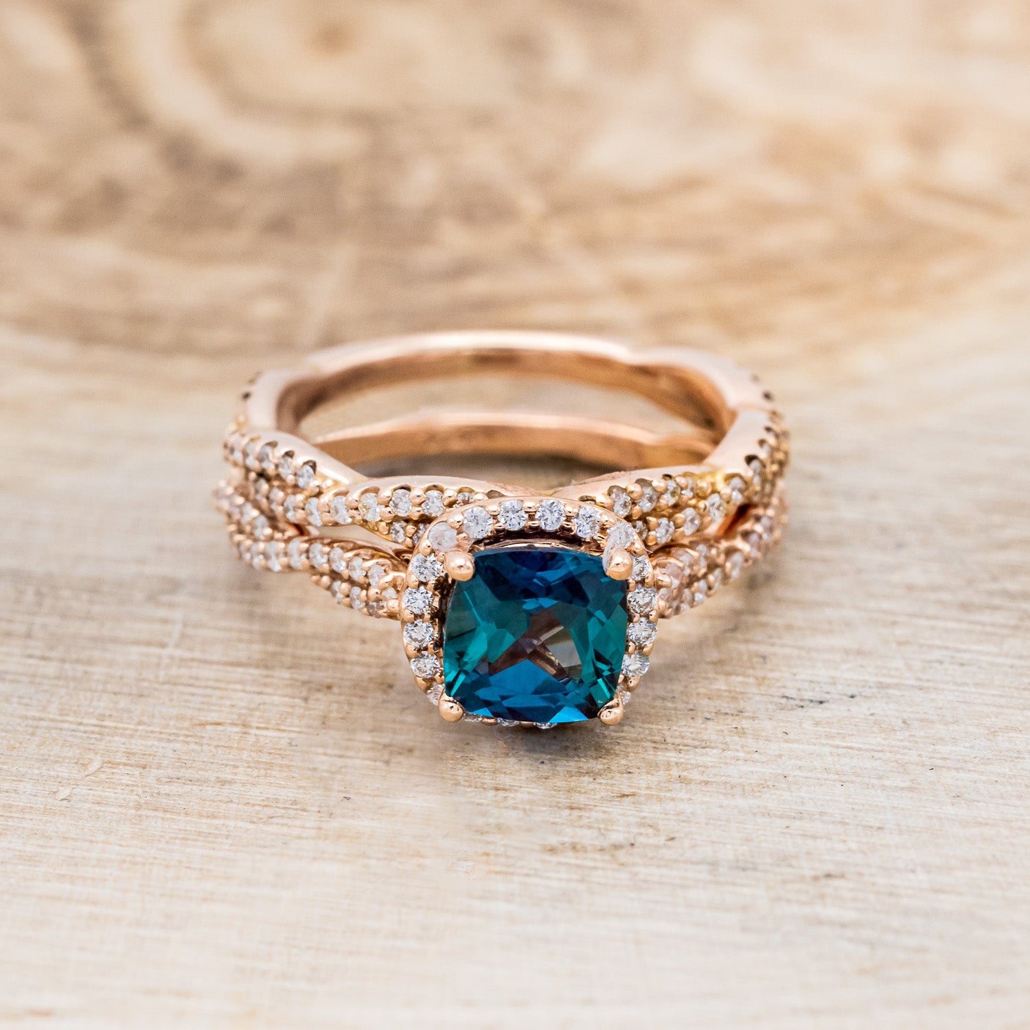 "KINLEY" - CUSHION CUT LAB-GROWN ALEXANDRITE ENGAGEMENT RING WITH DIAMOND HALO, ACCENTS & TRACER-4