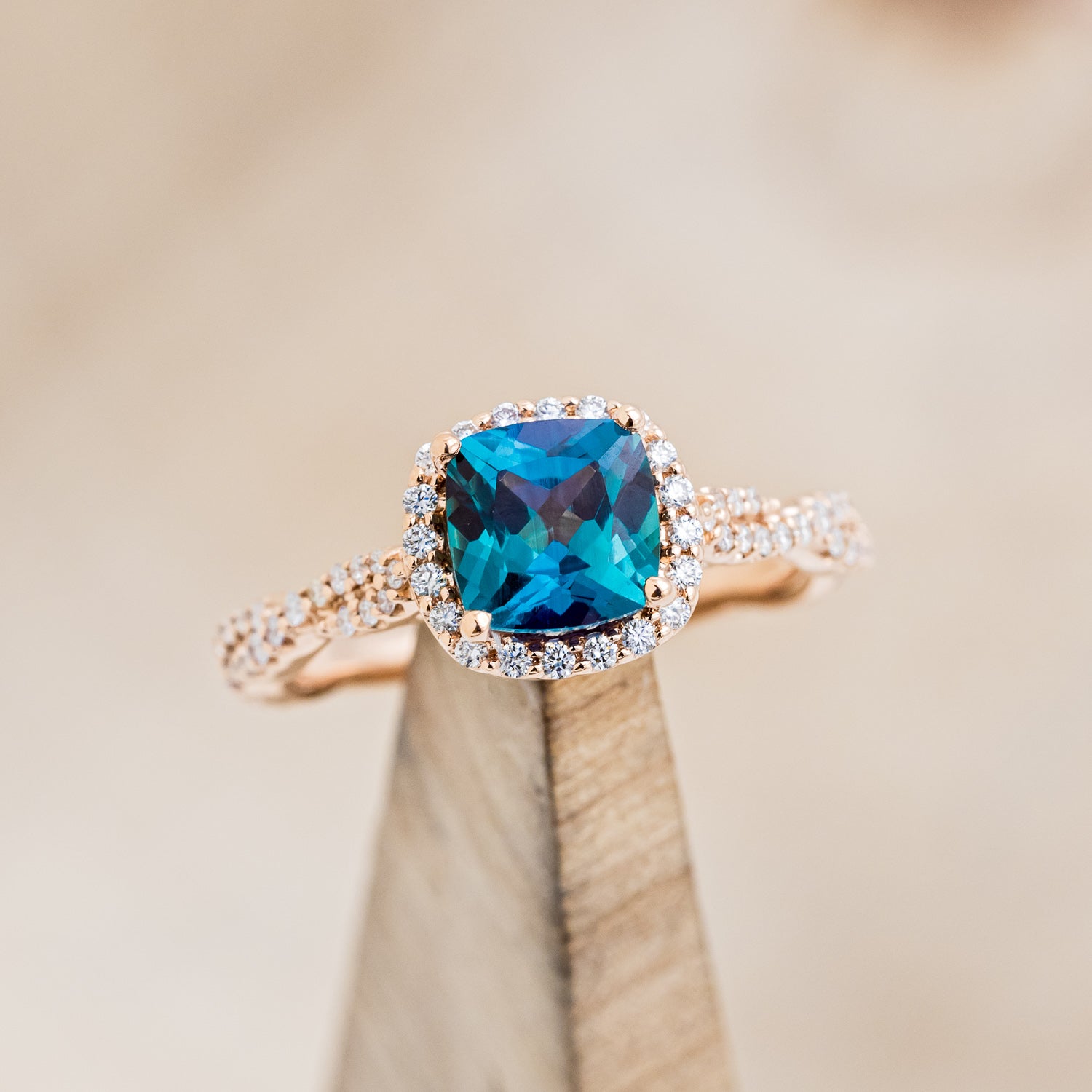 "KINLEY" - CUSHION CUT LAB-GROWN ALEXANDRITE ENGAGEMENT RING WITH DIAMOND HALO, ACCENTS & TRACER-7