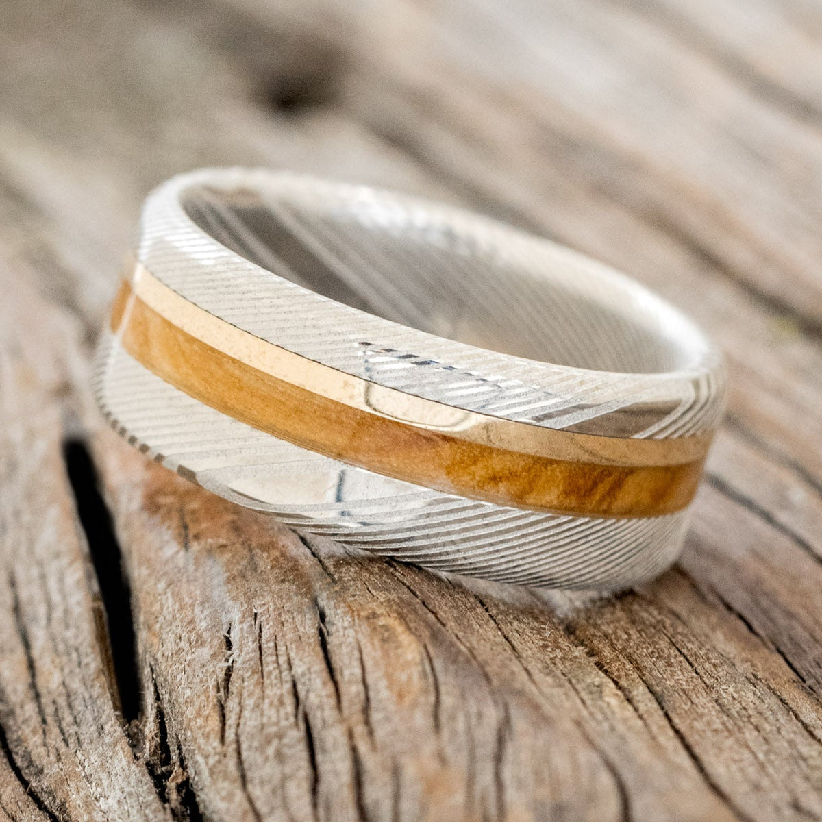 "ASHER" - BETHLEHEM OLIVE WOOD & A 14K GOLD INLAY WEDDING RING-5