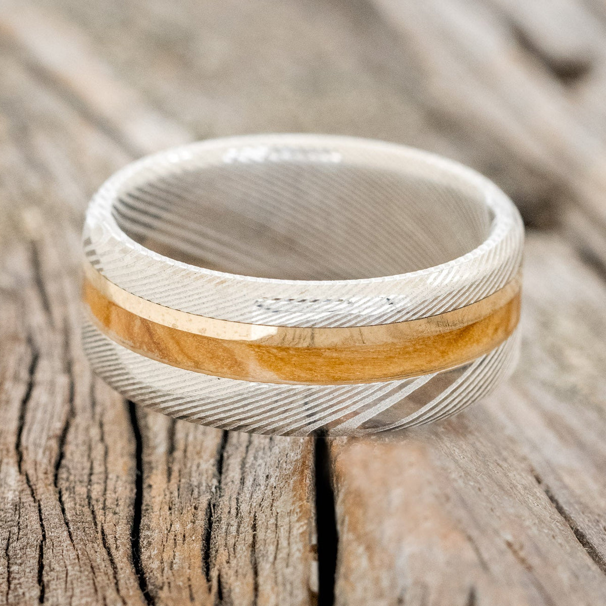 "ASHER" - BETHLEHEM OLIVE WOOD & A 14K GOLD INLAY WEDDING RING-6