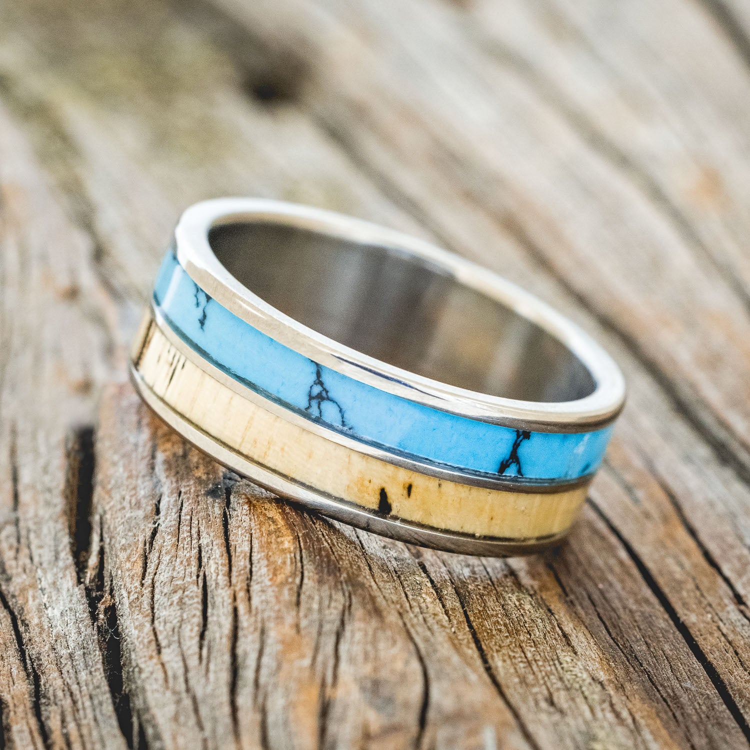 "DYAD" - SPALTED MAPLE WOOD & TURQUOISE WITH BLACK MATRIX TRUSTONE WEDDING BAND-2