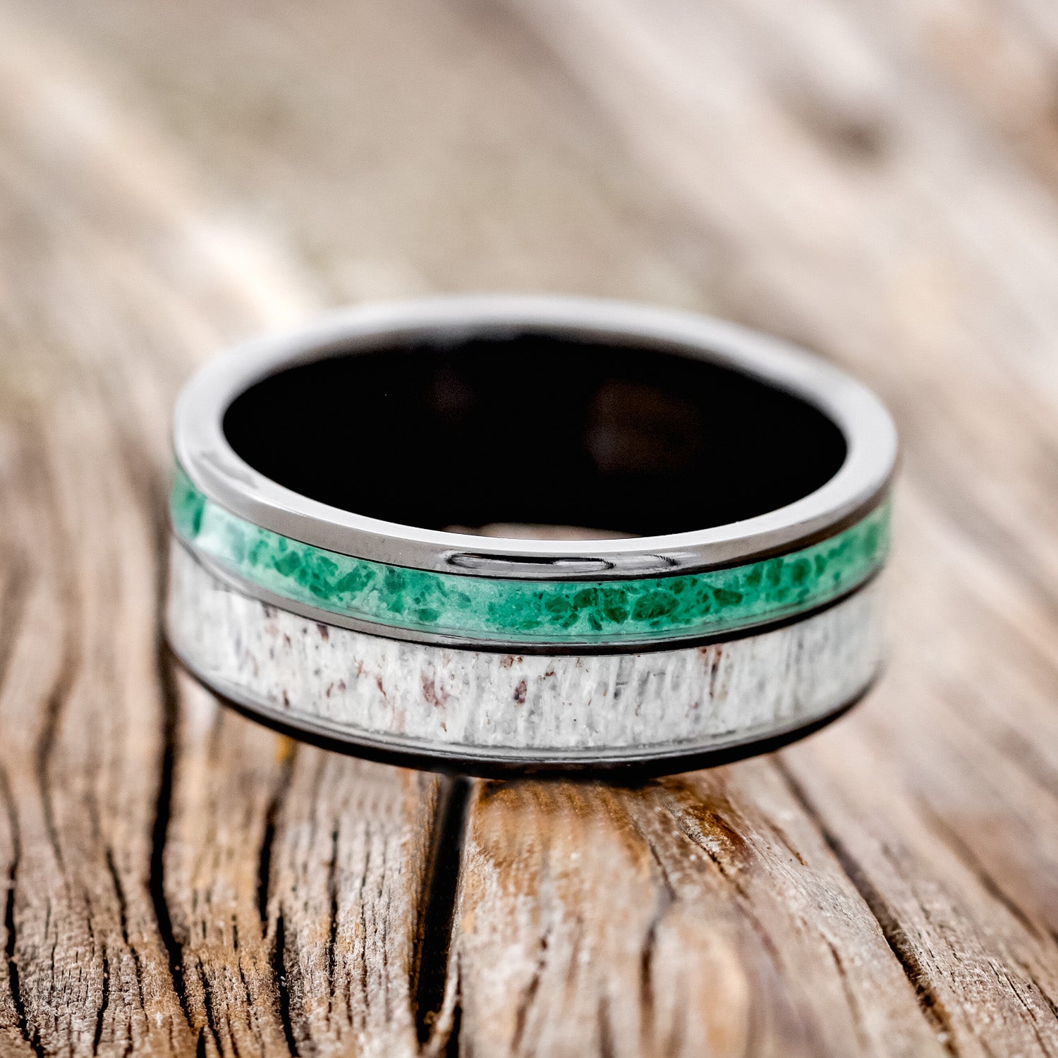 "RAPTOR" - ANTLER & MALACHITE WEDDING BAND-6