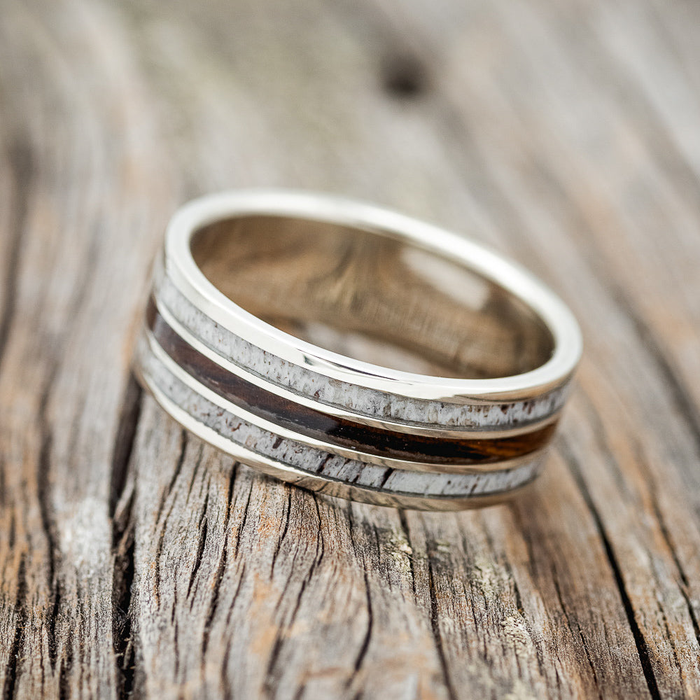"RIO" - IRONWOOD & ANTLER WEDDING BAND - 14K WHITE GOLD - SIZE 8 3/4-2