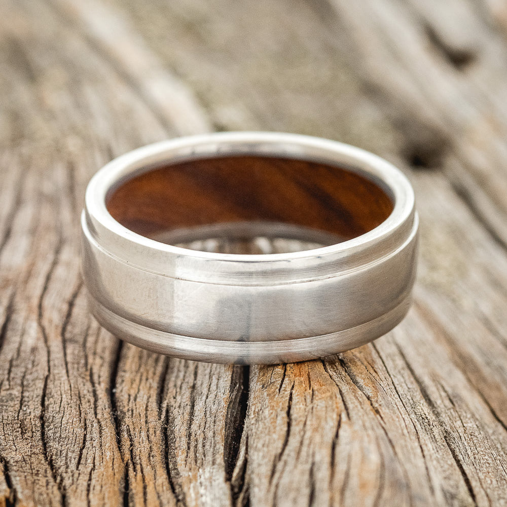 "SEDONA" - RAISED CENTER WEDDING RING WITH AN IRONWOOD LINED BAND-5