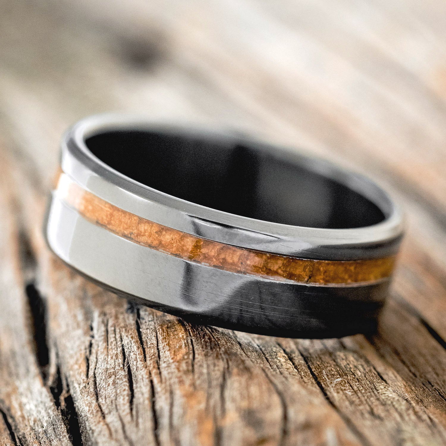 "VERTIGO" - OFFSET WHISKEY BARREL OAK WEDDING BAND-8