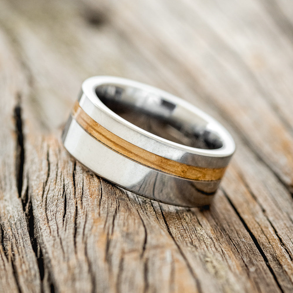 "VERTIGO" - OFFSET WHISKEY BARREL OAK WEDDING BAND-5